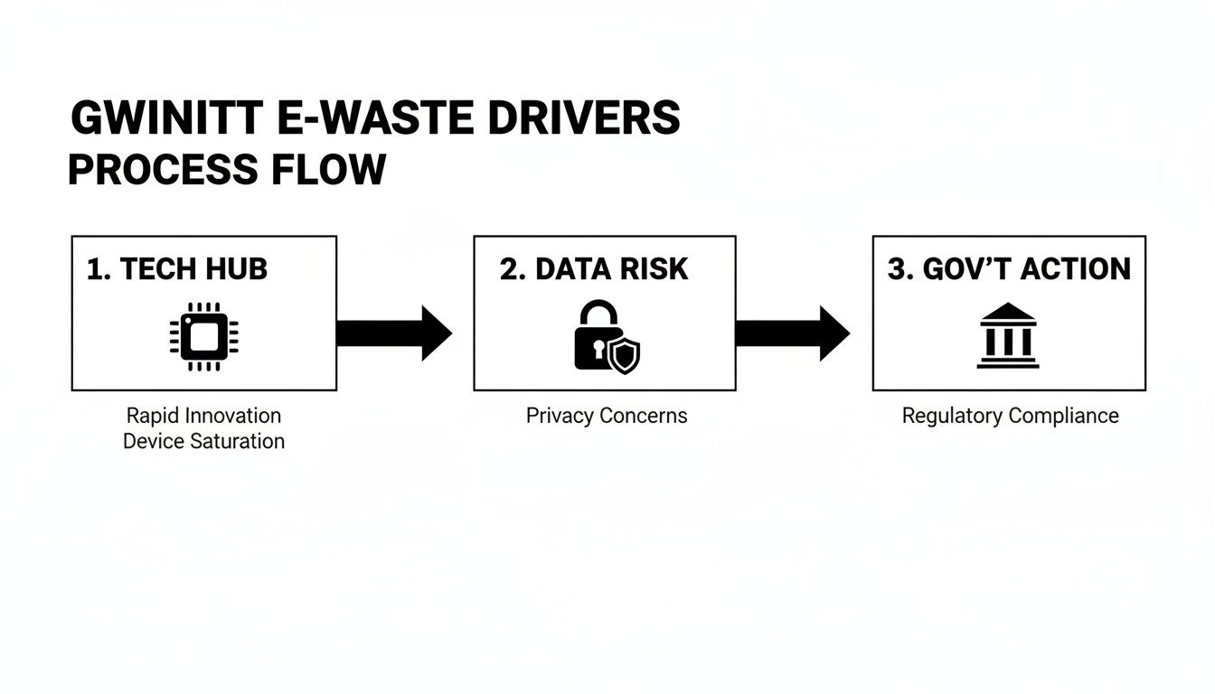 A process flow diagram showing Gwinnett e-waste drivers: Tech Hub, Data Risk, and Gov't Action.