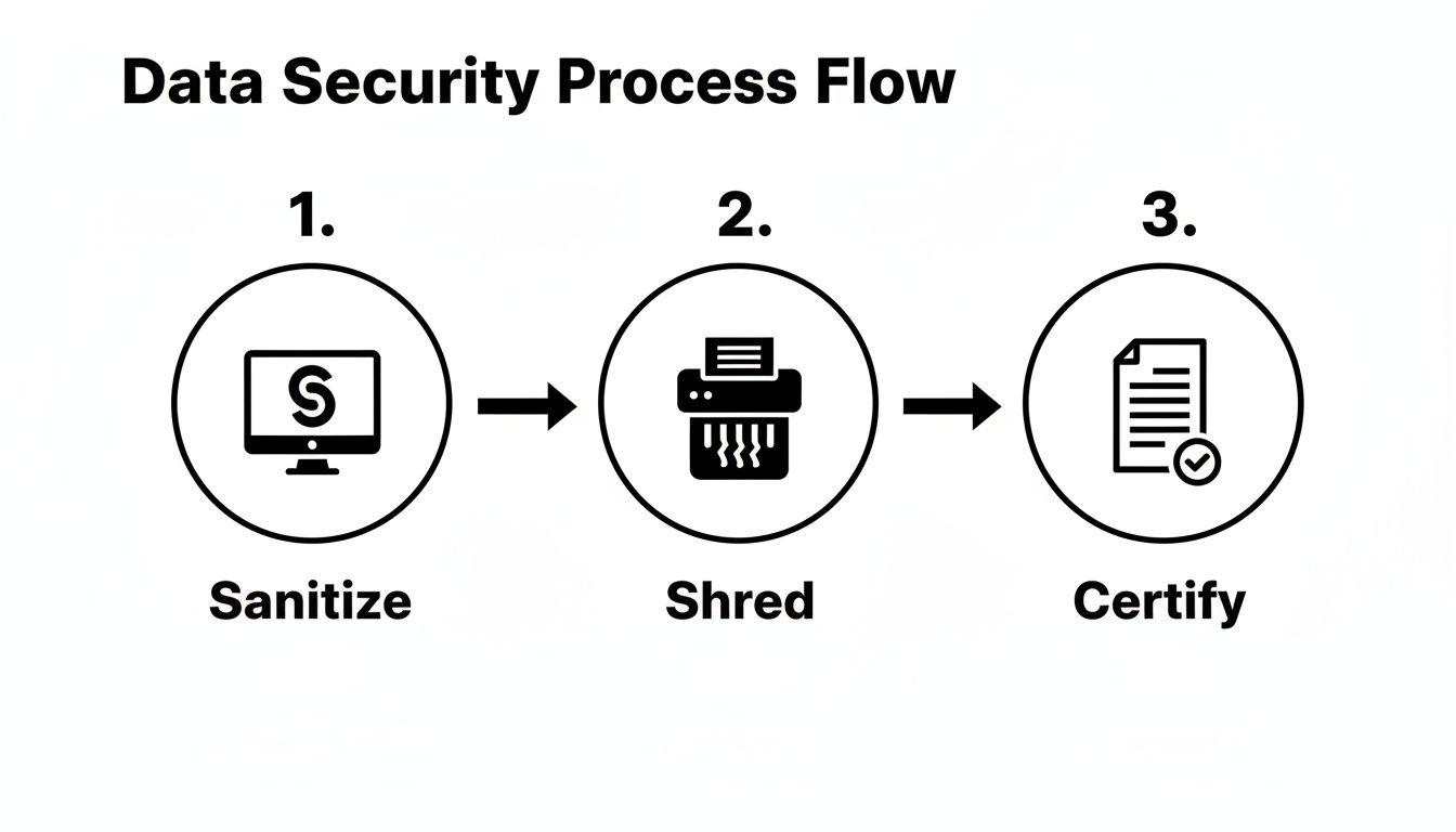 A data security process flow diagram showing three steps: Sanitize, Shred, and Certify.