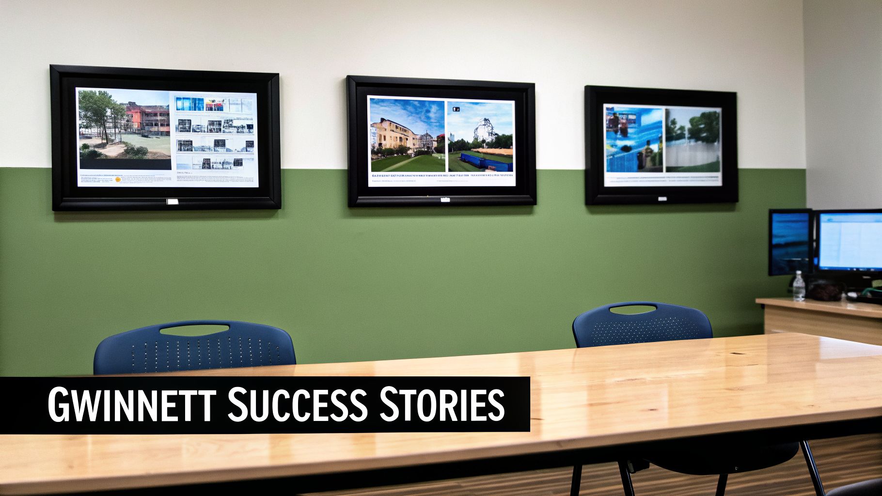 A brightly lit meeting room featuring a light wood table, blue chairs, and framed pictures on a two-toned wall.