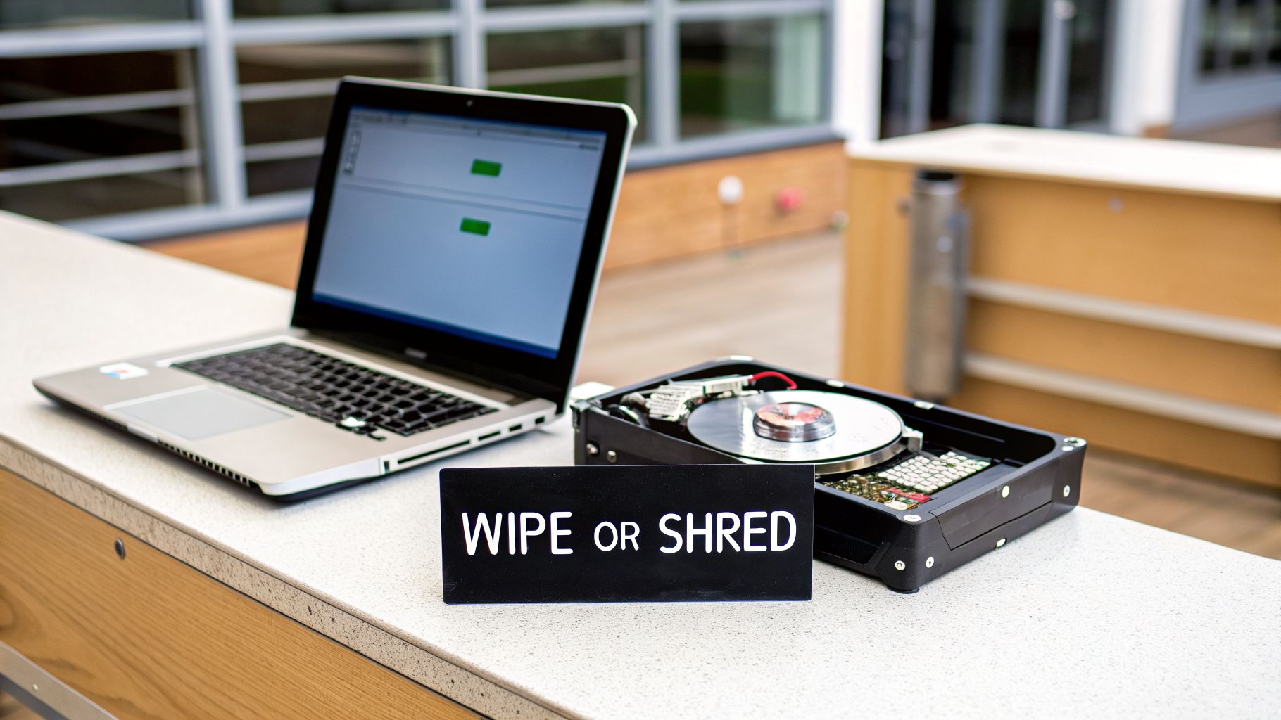 A laptop, open hard drive, and 'WIPE OR SHRED' sign on a counter, illustrating data destruction options.