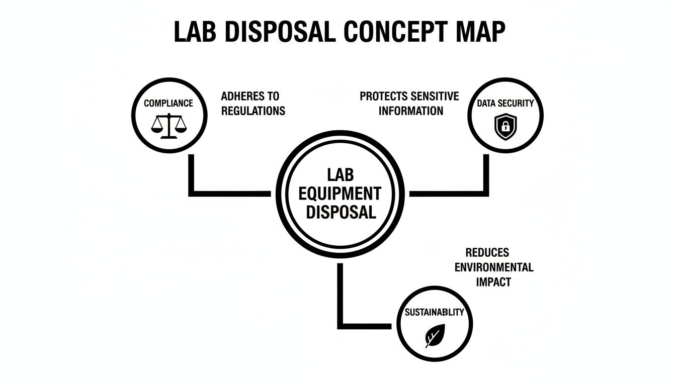 A concept map illustrating key considerations for lab equipment disposal, including compliance, data security, and sustainability.