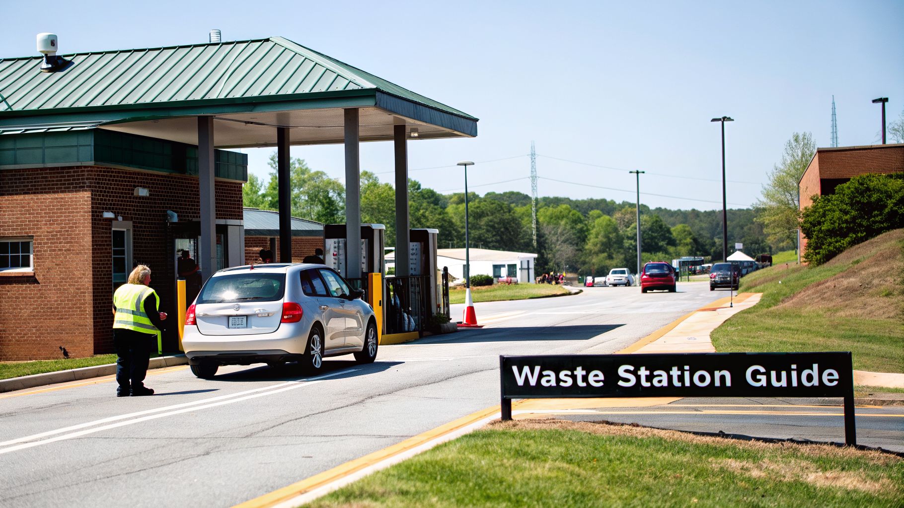 Worker in a high-vis vest guides a car at a Cobb County waste and recycling station.