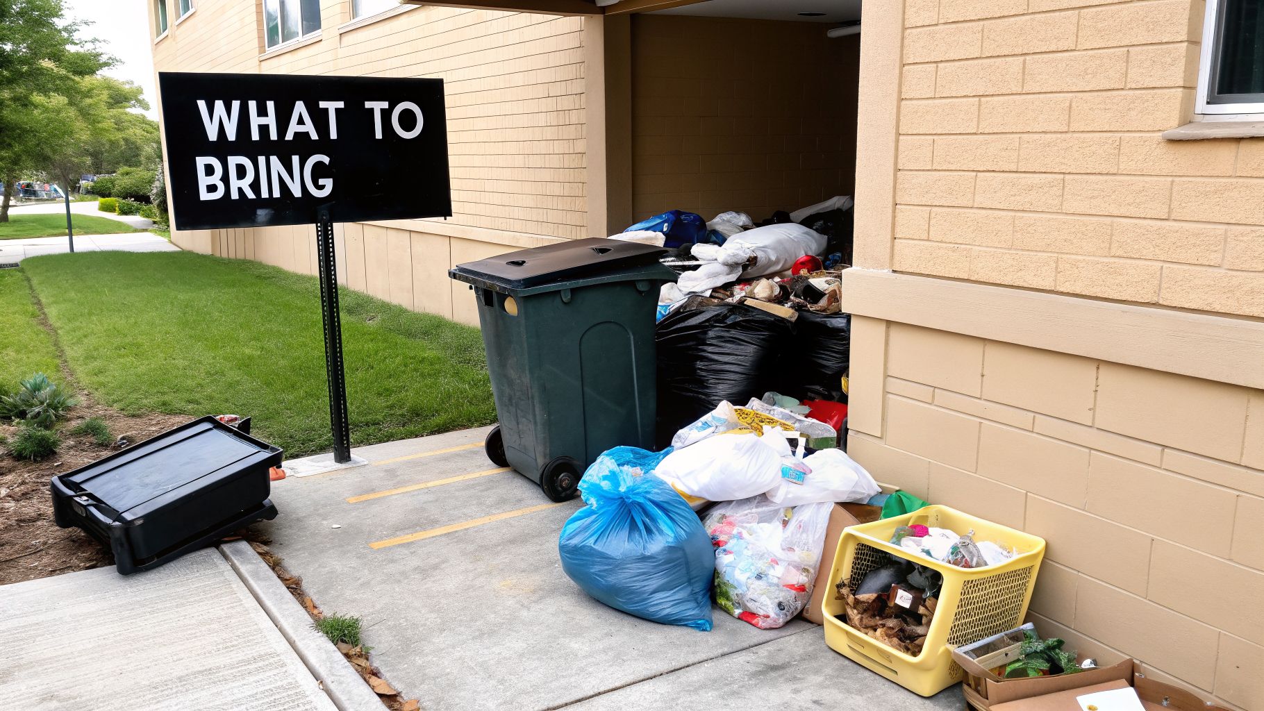 A black sign reading "WHAT TO BRING" stands next to a large pile of trash bags and items, with a dark green bin, outside a building.