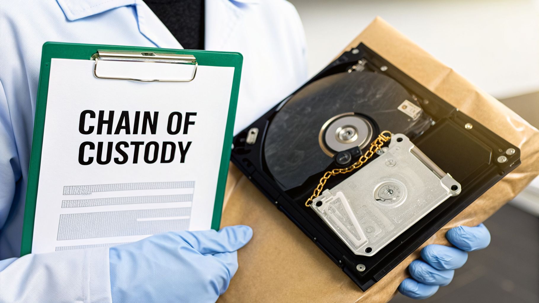 Gloved hands hold a 'Chain of Custody' document and an exposed hard drive, symbolizing digital forensics.