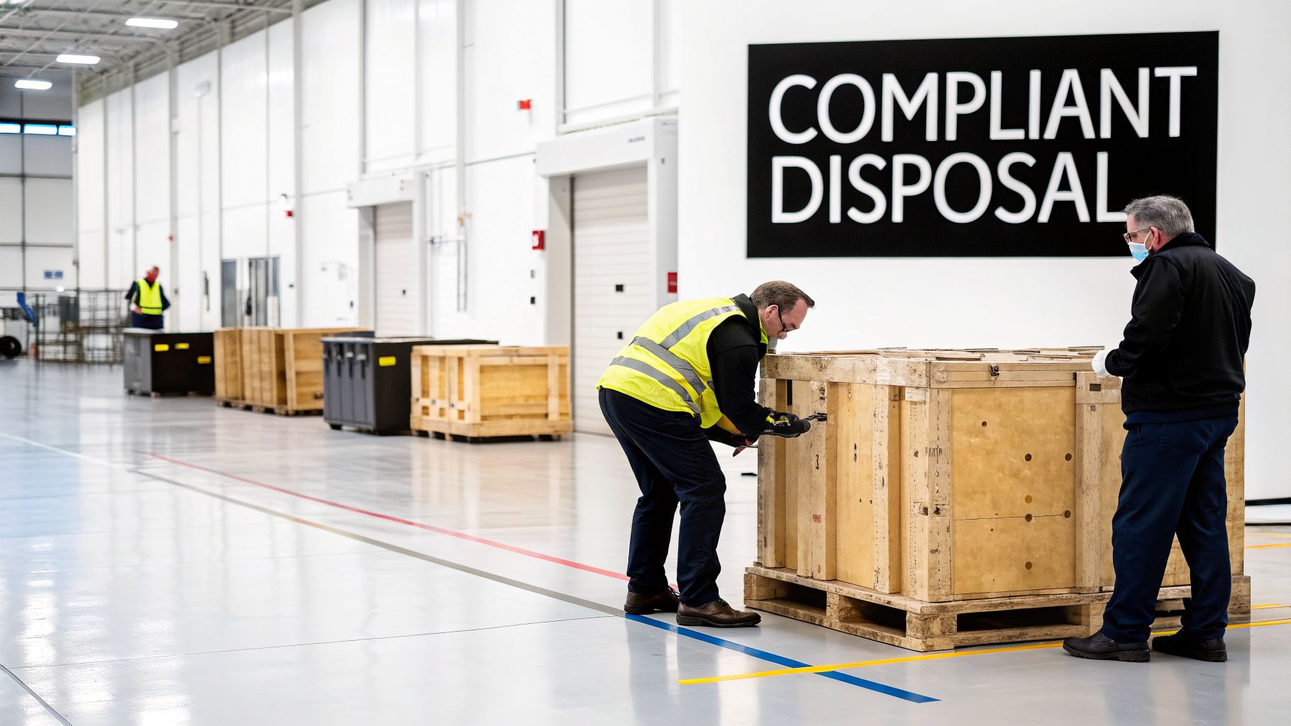 Two men in a warehouse preparing wooden crates for compliant disposal, highlighting safety and proper procedures.