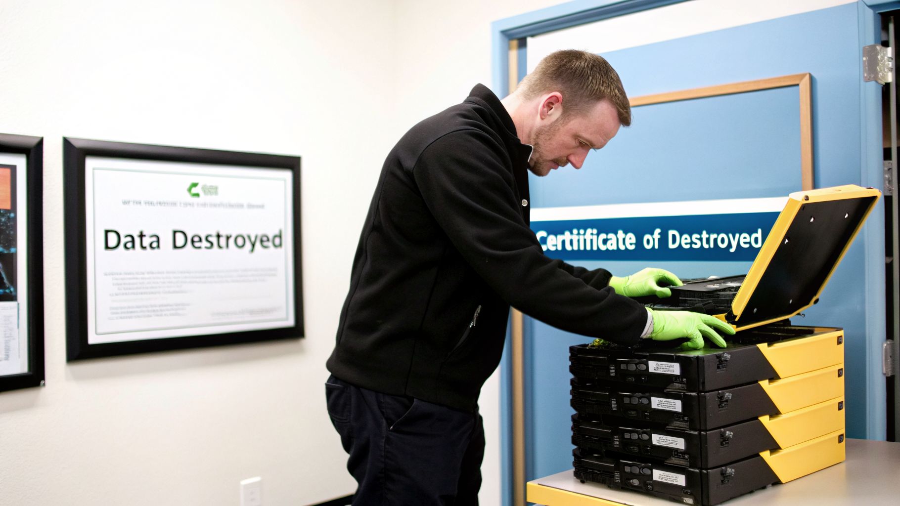 Technician in green gloves securely processing hard drives for data destruction with a "Data Destroyed" sign.