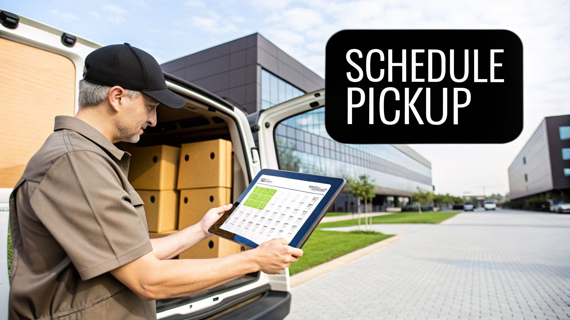 Delivery driver using a tablet to manage packages in a van, with 'Schedule Pickup' overlay.