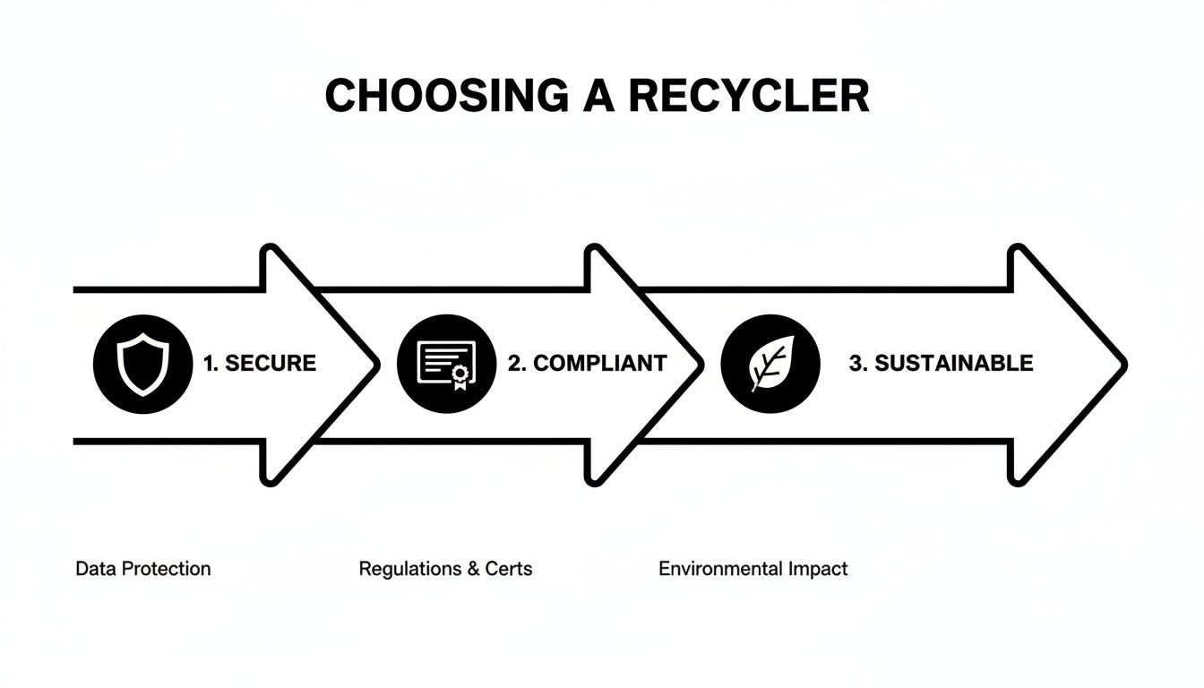 Infographic showing three steps to choose a recycler: secure (data protection), compliant (regulations), and sustainable (environmental impact).