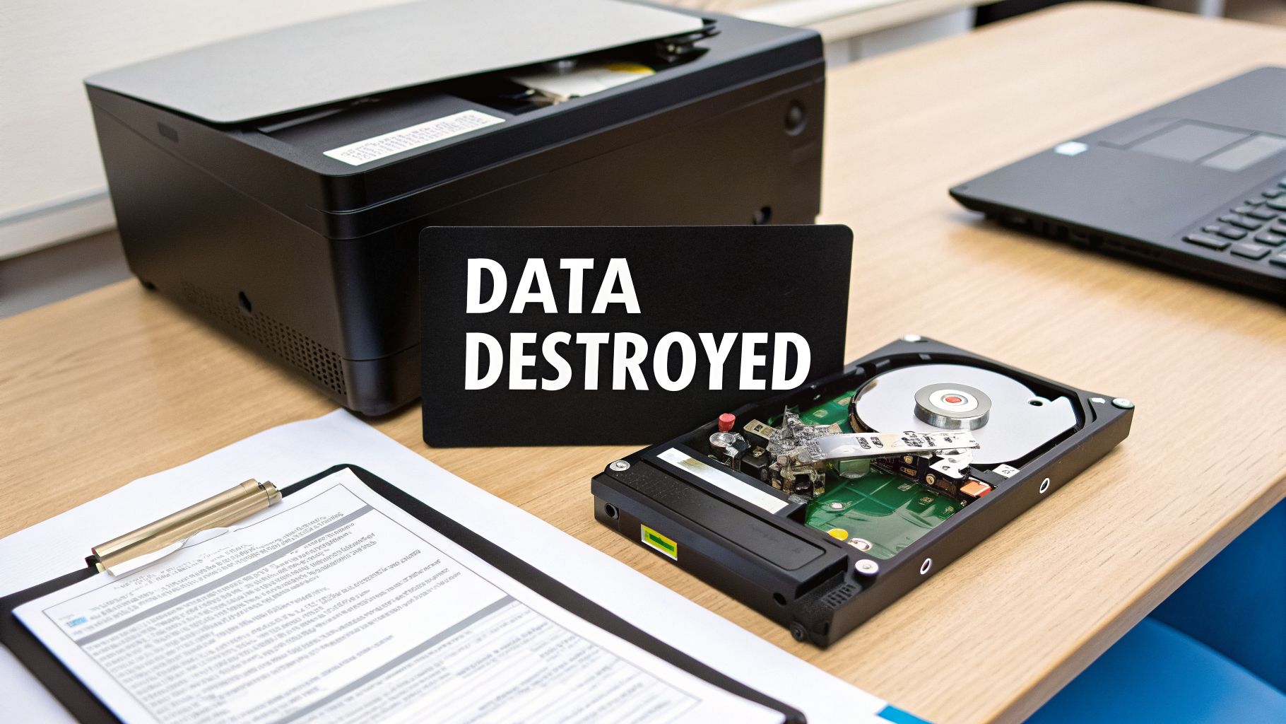 A 'DATA DESTROYED' sign next to a disassembled hard drive, printer, and documents on a wooden desk.