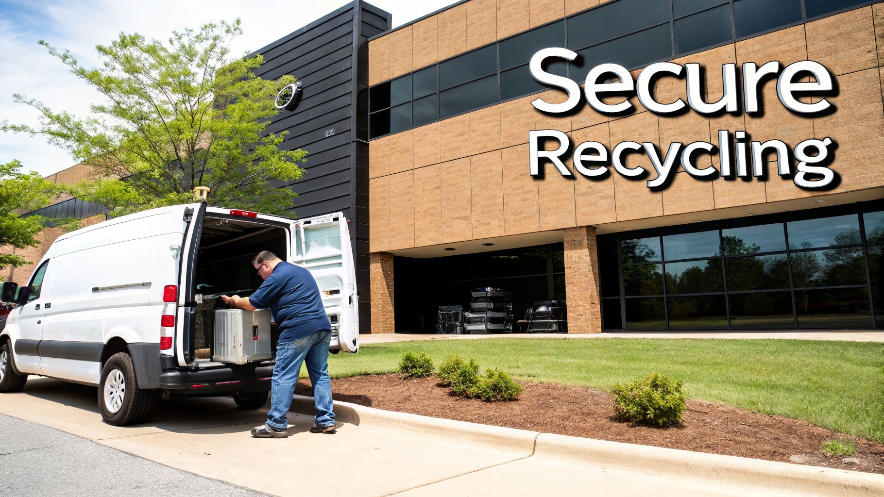 A man loads electronic equipment into the back of a white van for secure recycling.