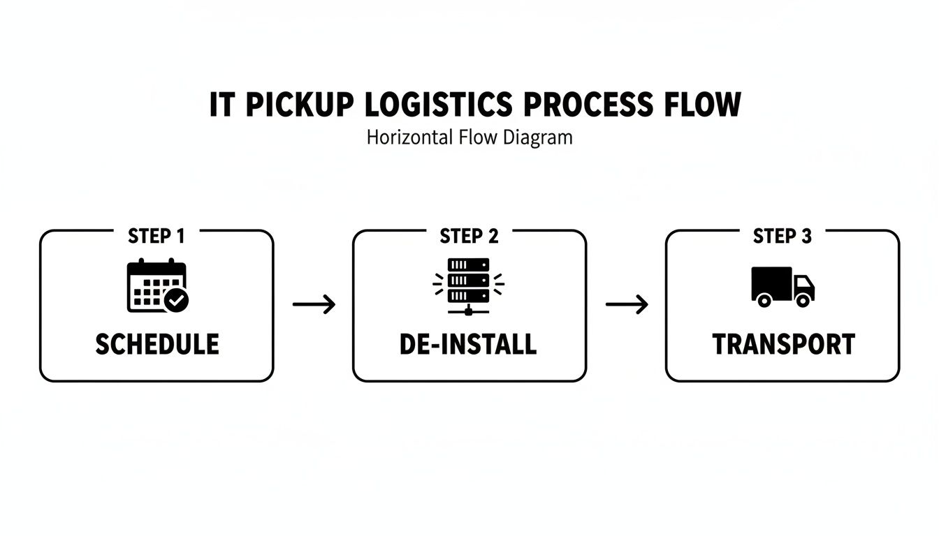 Horizontal flow diagram illustrating a 3-step IT pickup logistics process: Schedule, De-install, Transport.