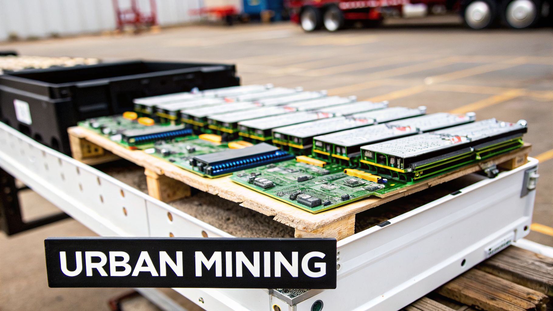 Circuit boards and electronic components are laid out on a pallet, with an 'URBAN MINING' sign.
