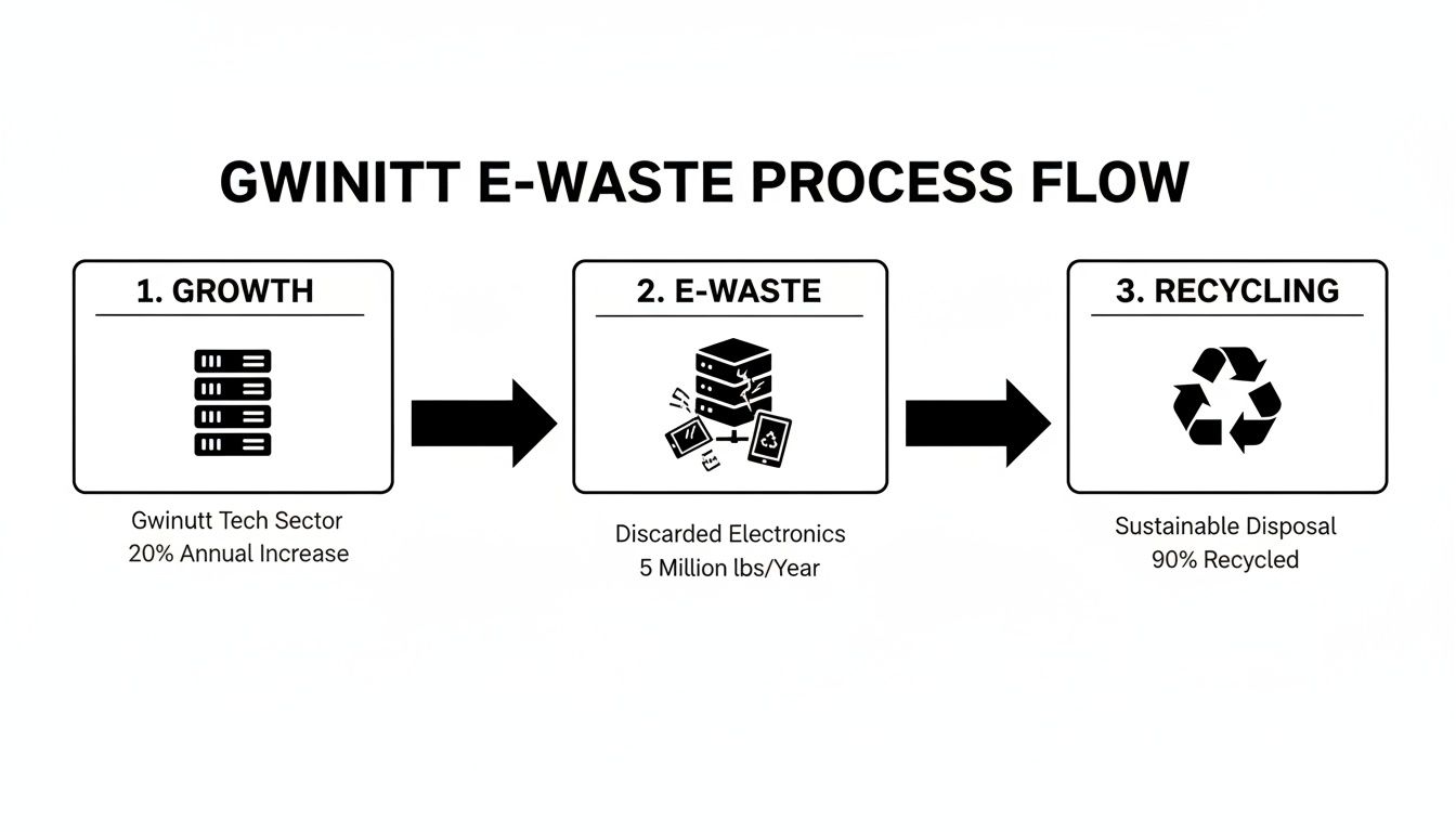 Diagram showing Gwinnett's e-waste process from tech growth to electronics recycling.