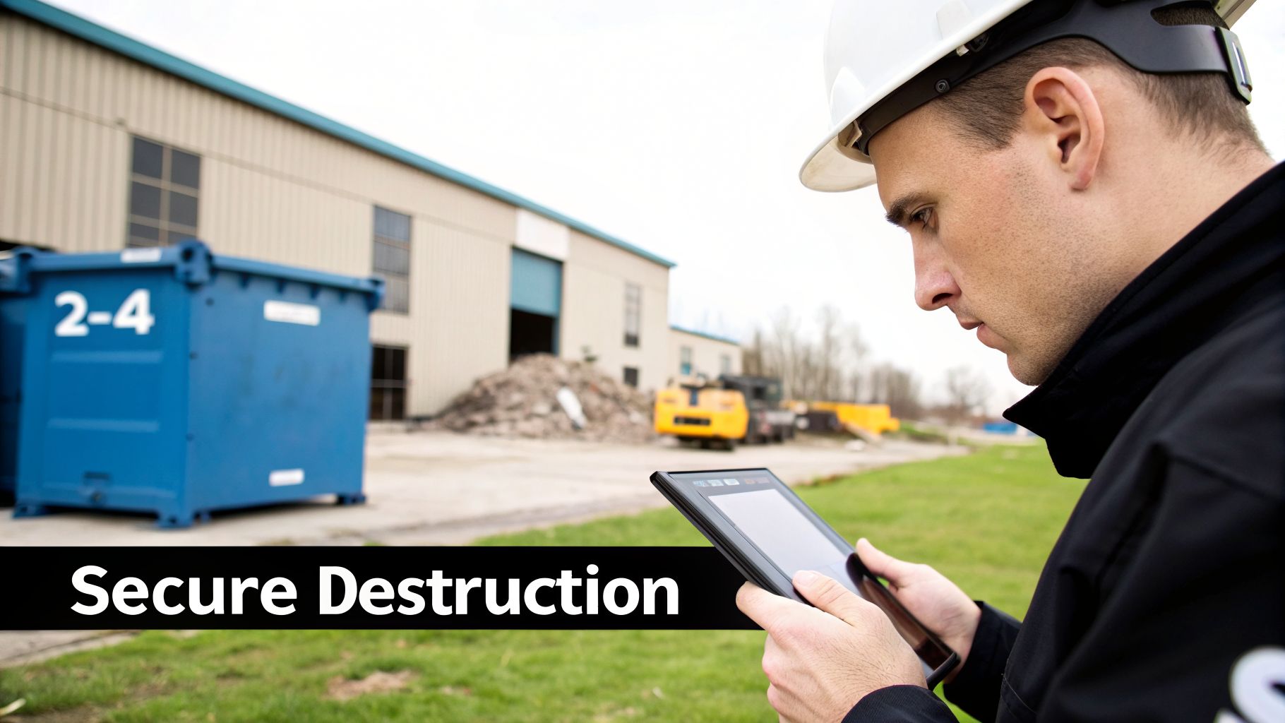 A worker in a hard hat uses a tablet, overseeing secure destruction with dumpsters and a facility.