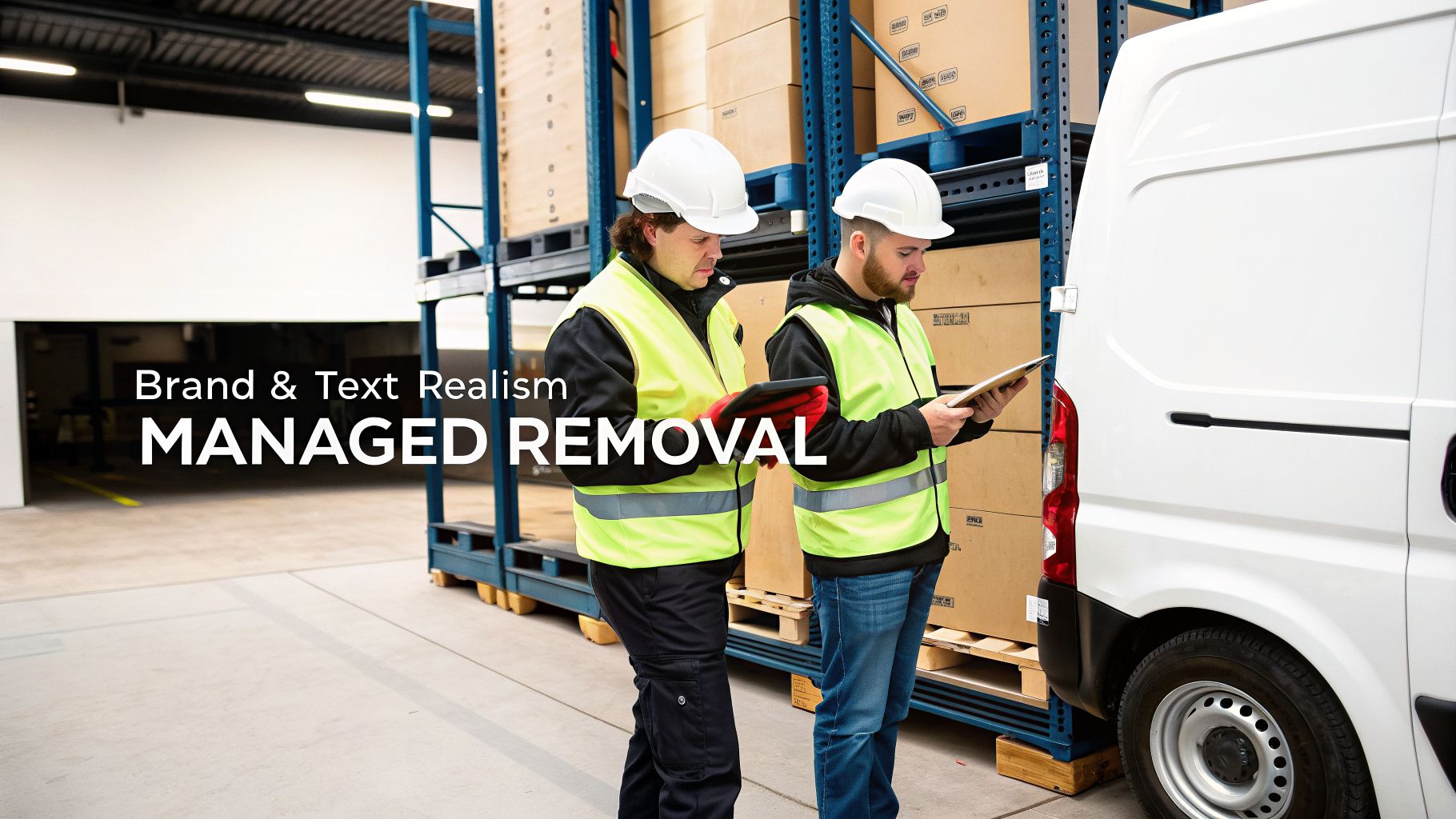 Two warehouse workers in hard hats and vests checking inventory next to a white van and boxes.