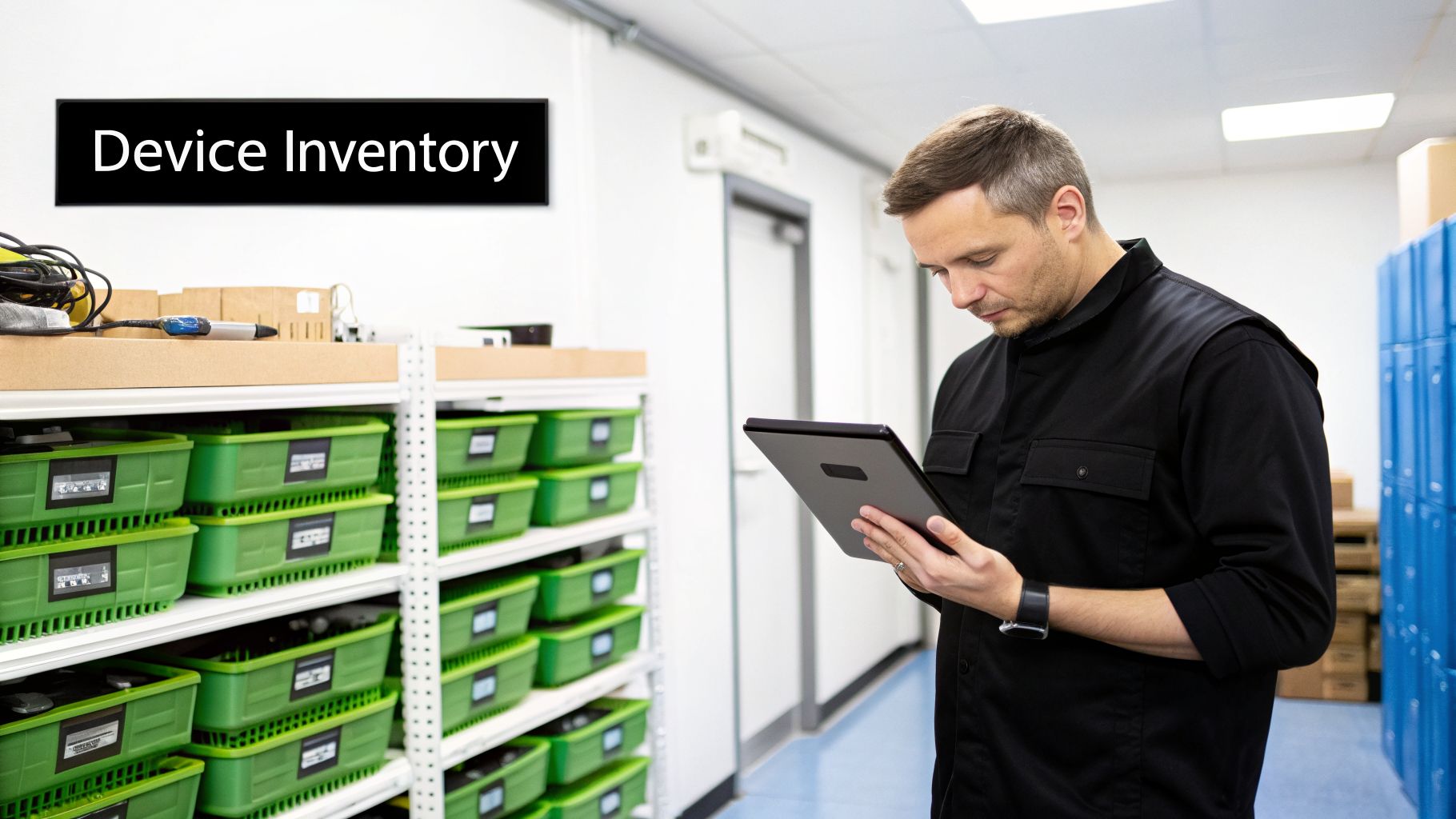 A man checks device inventory on a tablet in a warehouse with shelves of green bins.