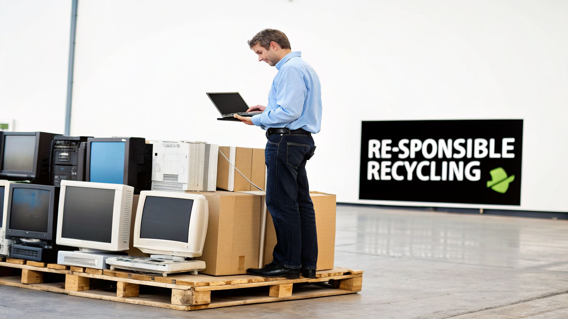 A man in a blue shirt uses a laptop next to a pile of old computers ready for recycling.