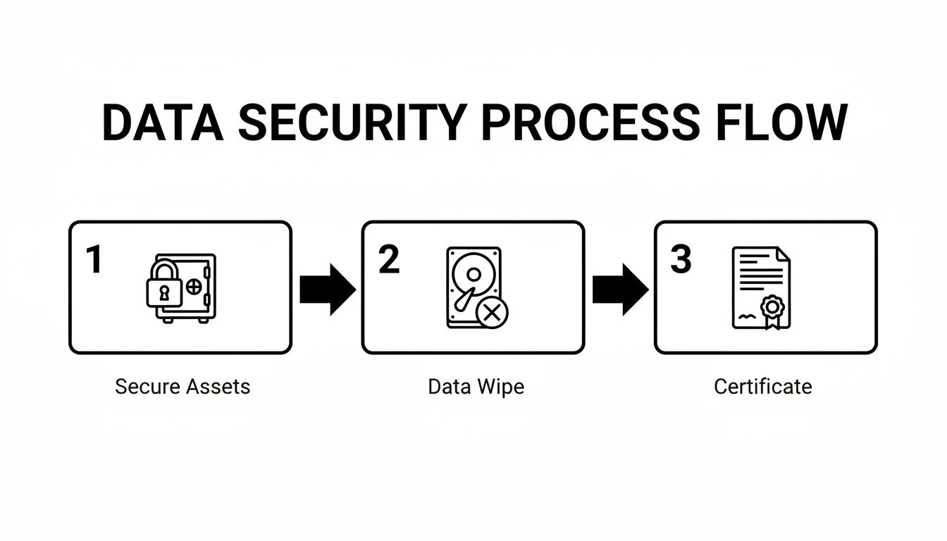 A data security process flow diagram showing steps for securing assets, data wipe, and certification.