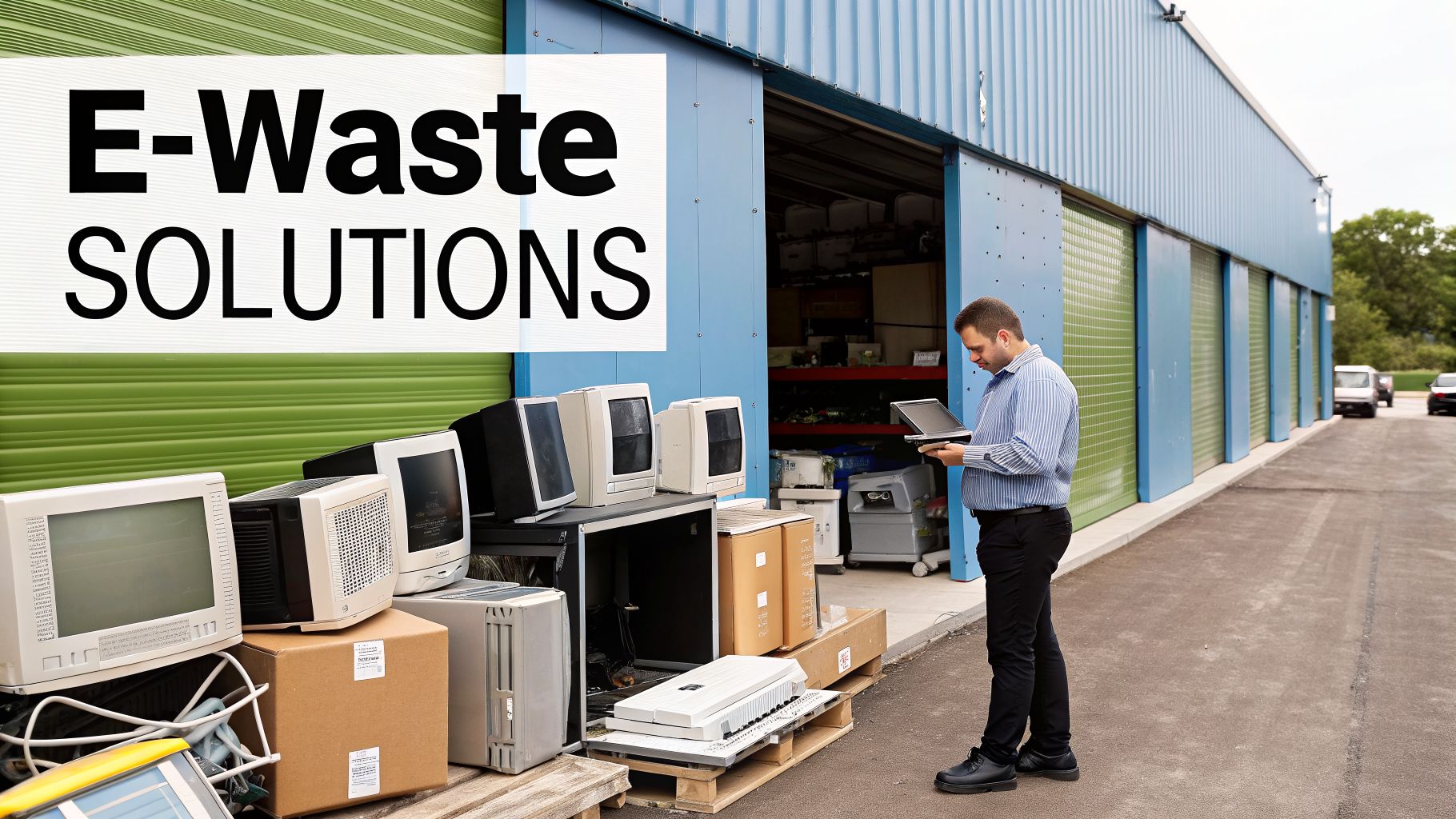 Man inspecting old computer monitors and electronics at an e-waste recycling facility.