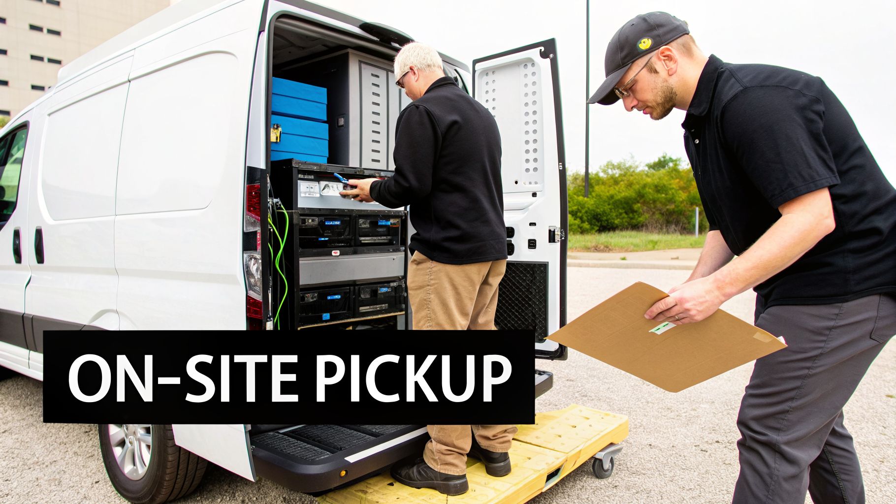 A technician works inside a white service van while another holds a box for electronics pickup.