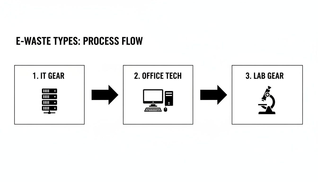 A process flow diagram illustrates different e-waste types: IT gear, office technology, and lab equipment.