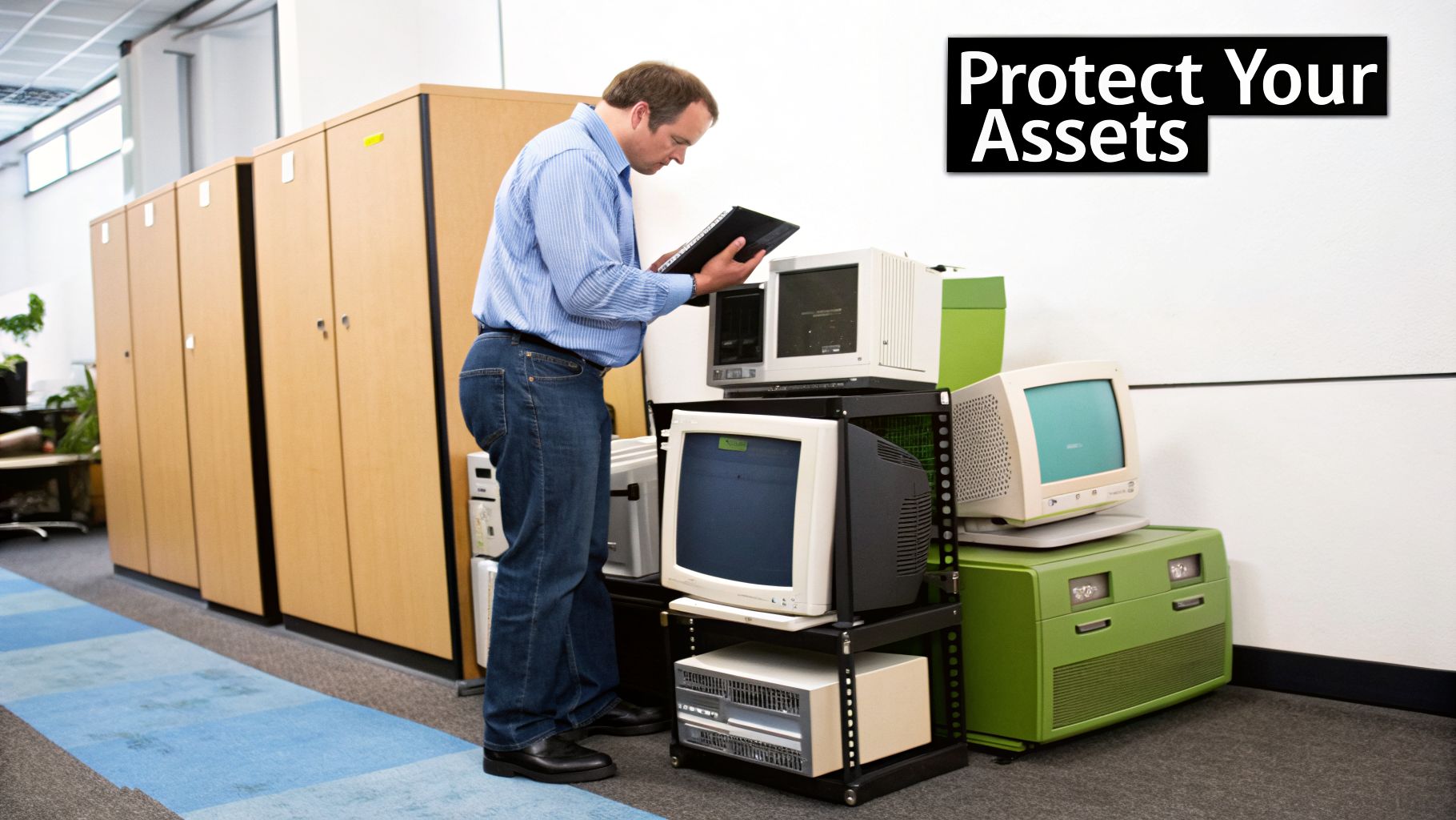 A man in an office inventories old computer equipment, including CRT monitors and desktop towers.