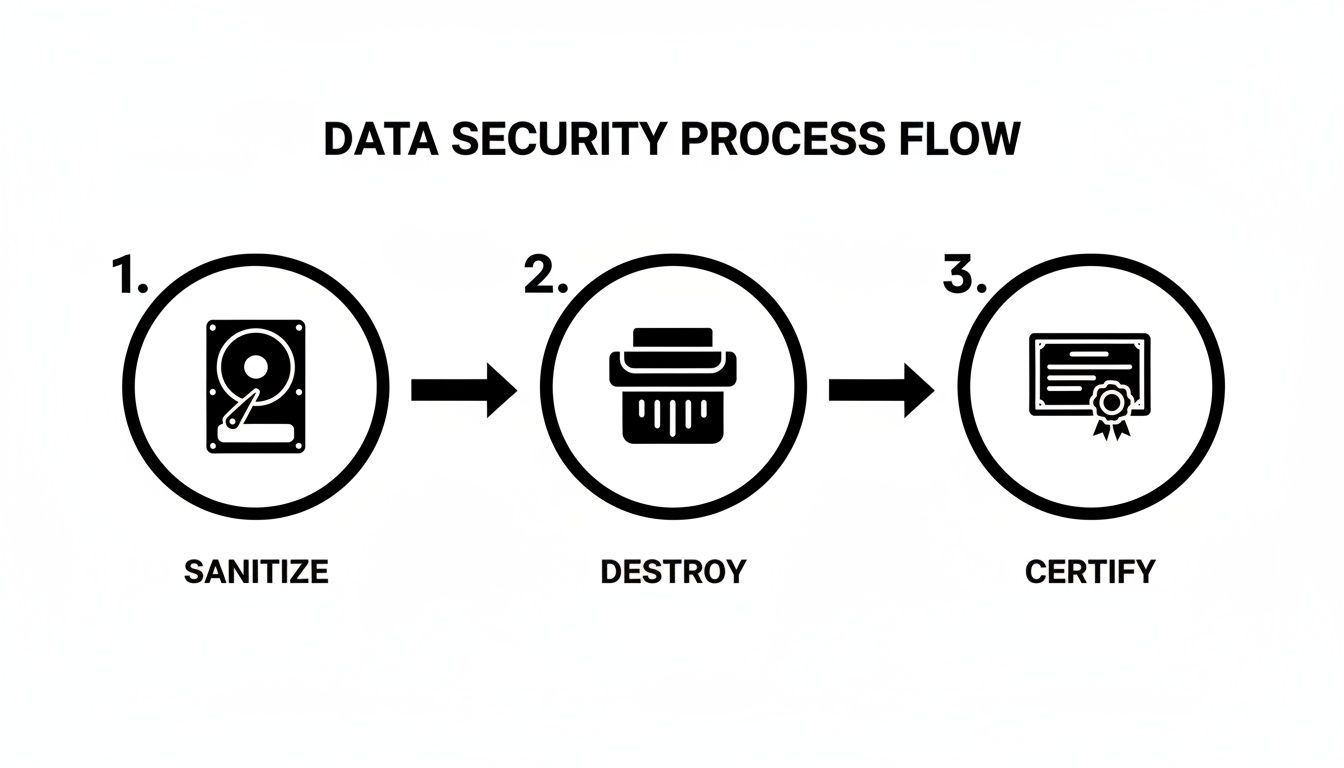 A data security process flow diagram showing three steps: Sanitize (hard drive), Destroy (shredder), and Certify (certificate).