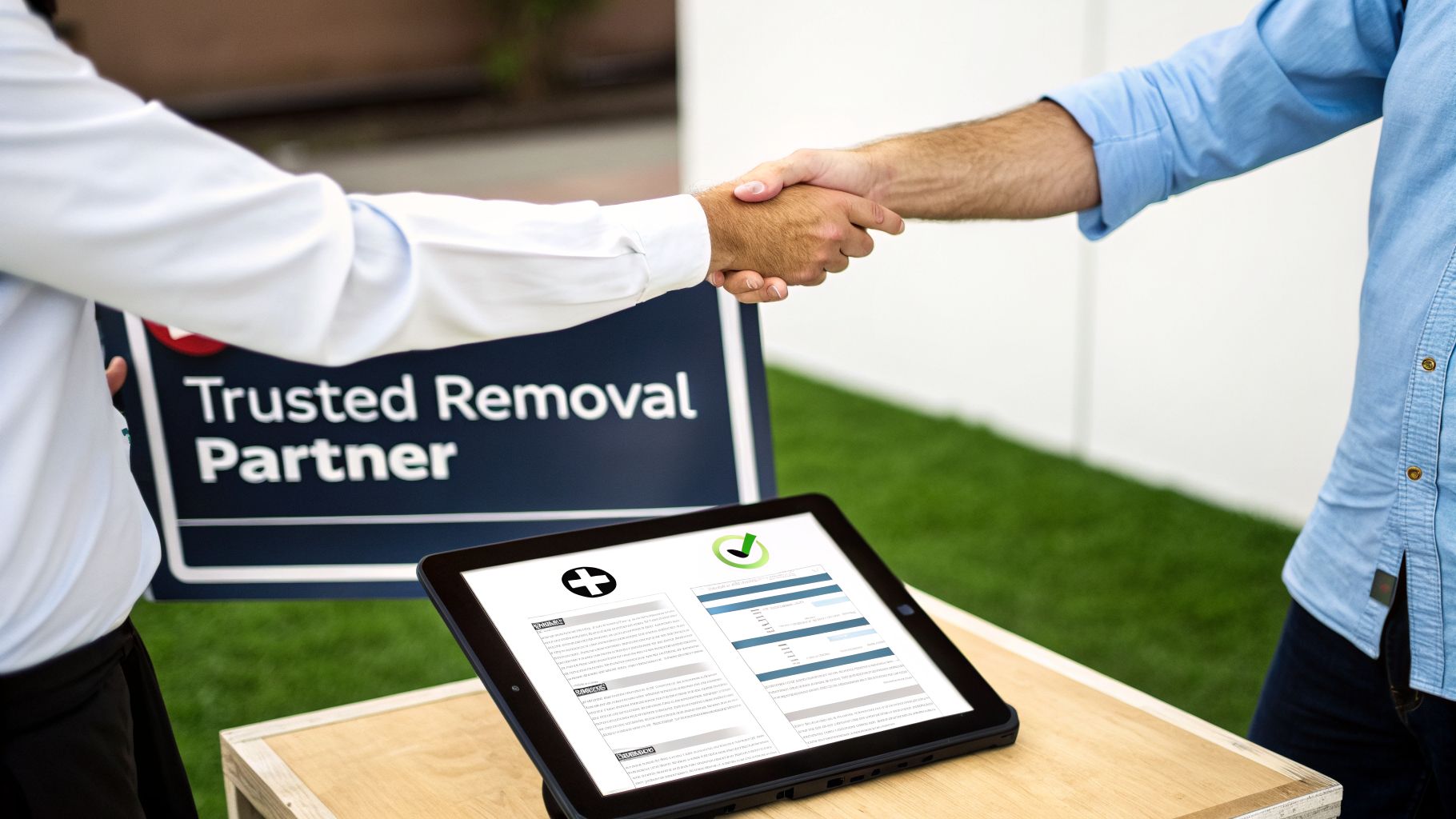 Two people shaking hands over a tablet and a 'Trusted Removal Partner' sign.