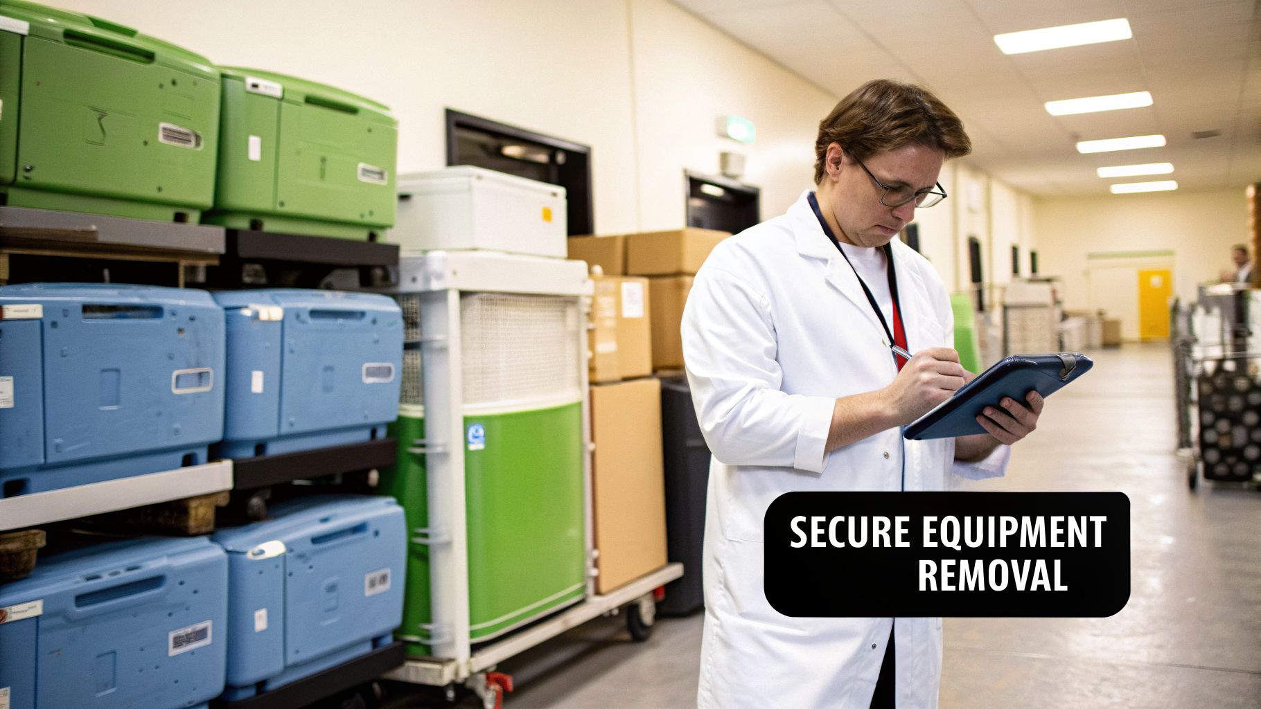 A technician in a lab coat documenting the secure removal of end-of-life medical equipment in a facility.