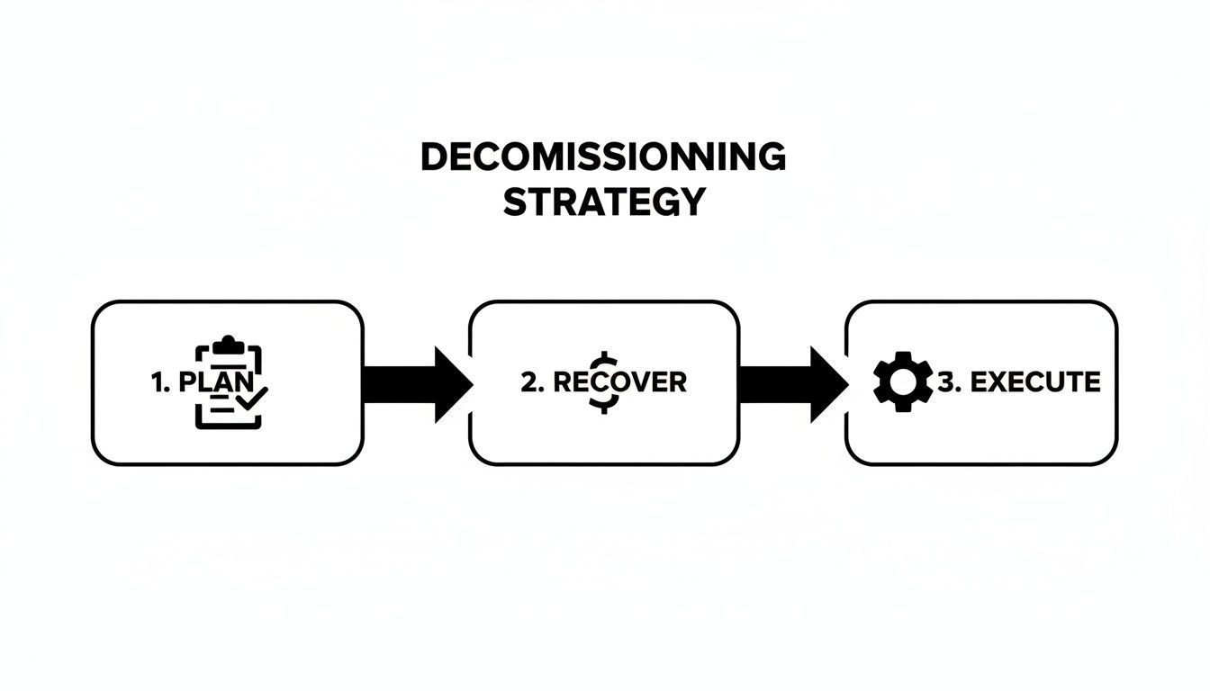 Decommissioning strategy infographic showing three steps: 1. Plan, 2. Recover, and 3. Execute.