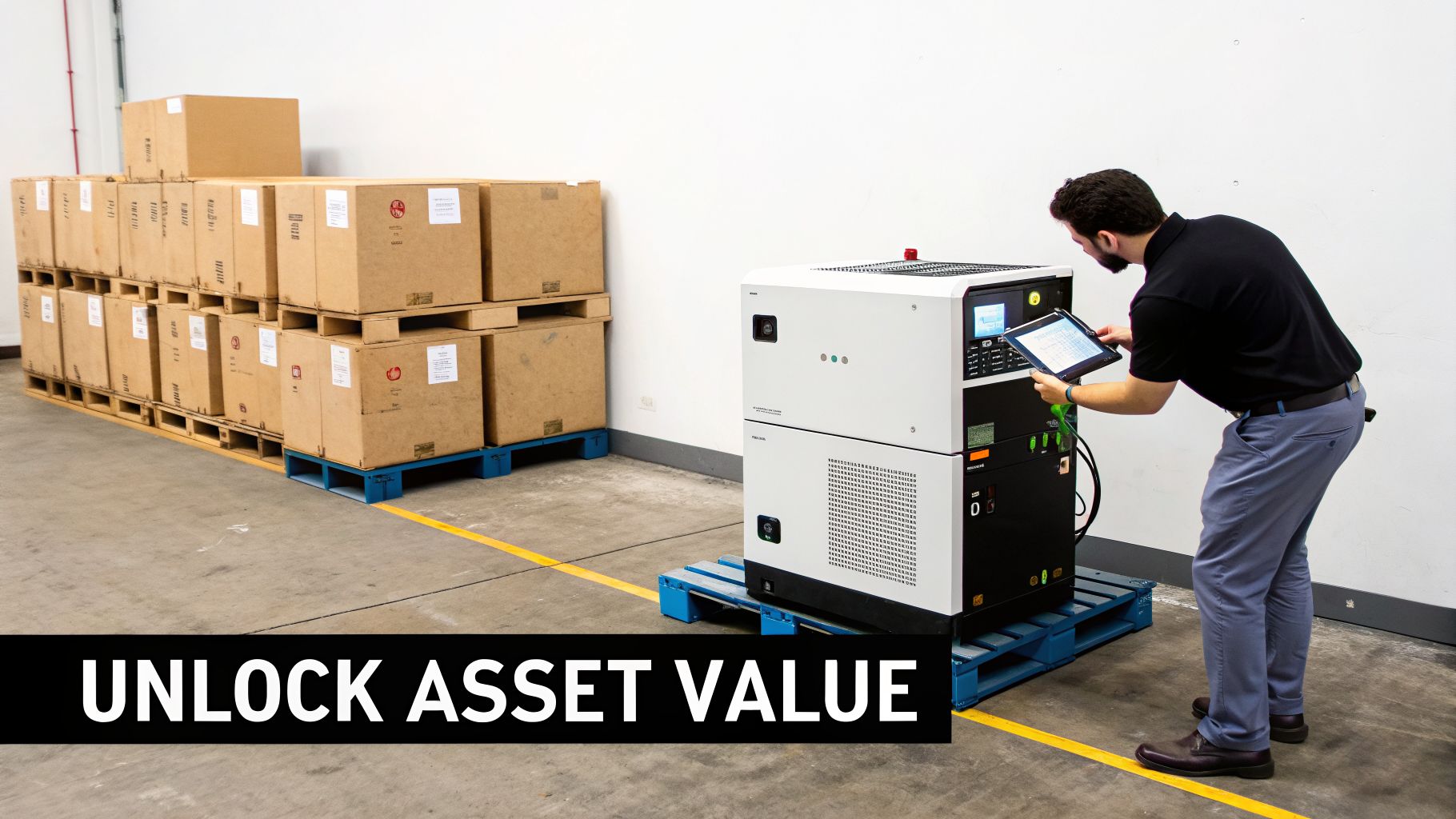 A man in a warehouse inspects a large industrial machine using a tablet, optimizing its performance.