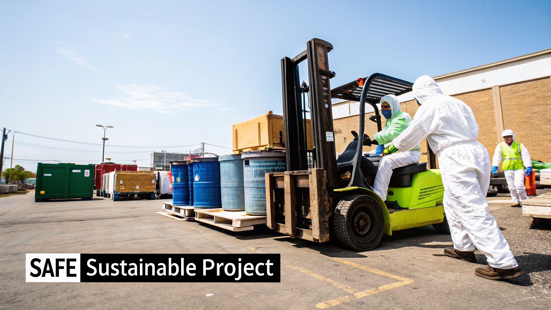 Workers in protective suits use a forklift to move blue barrels in an outdoor industrial yard.