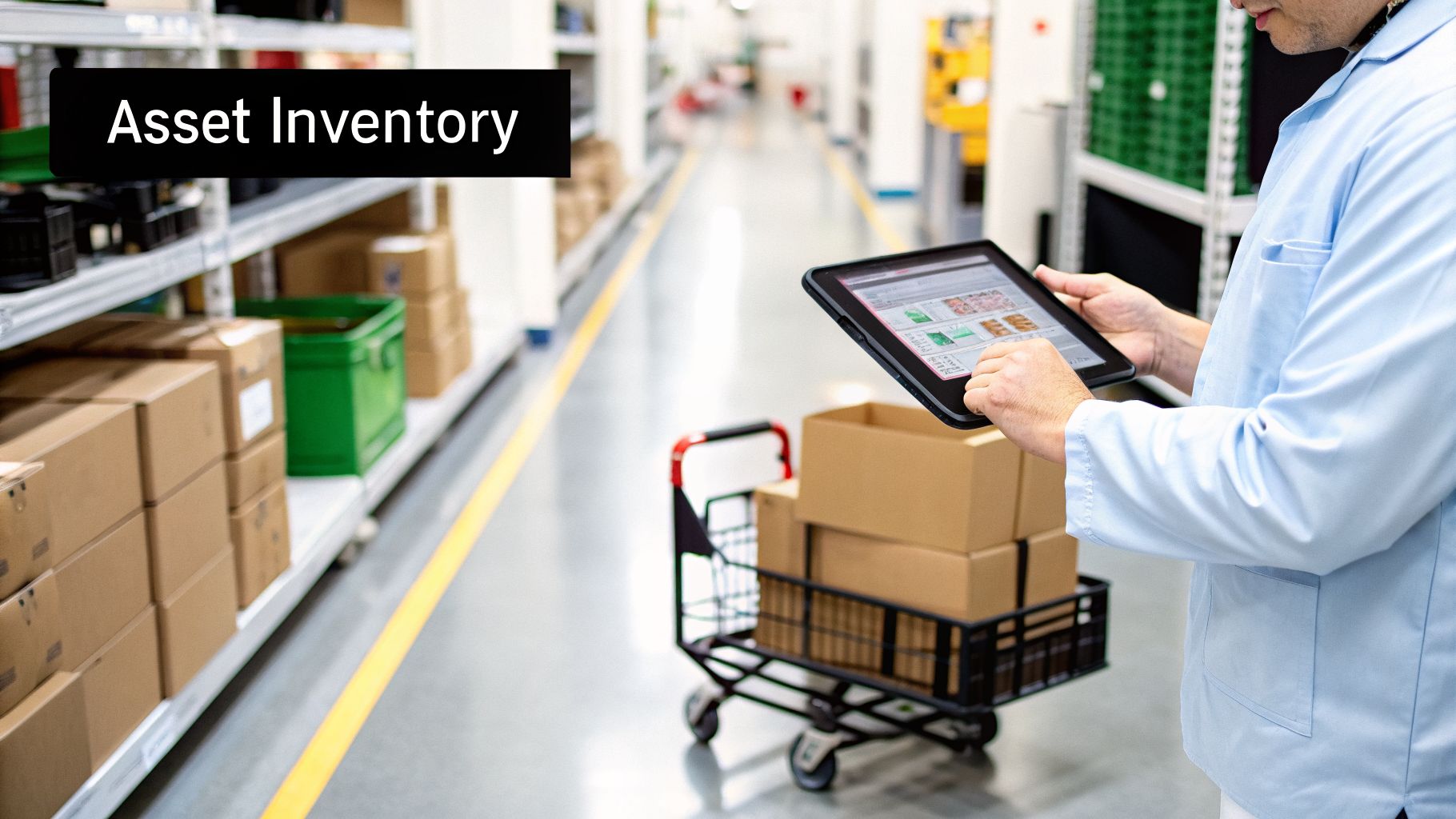 A person in a light blue coat uses a tablet for asset inventory in a warehouse.