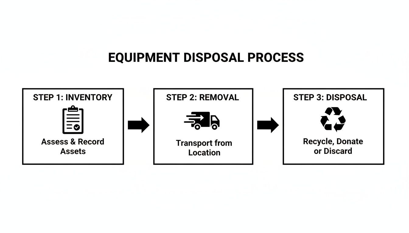 A diagram outlining the three-step equipment disposal process: inventory, removal, and final disposal options.