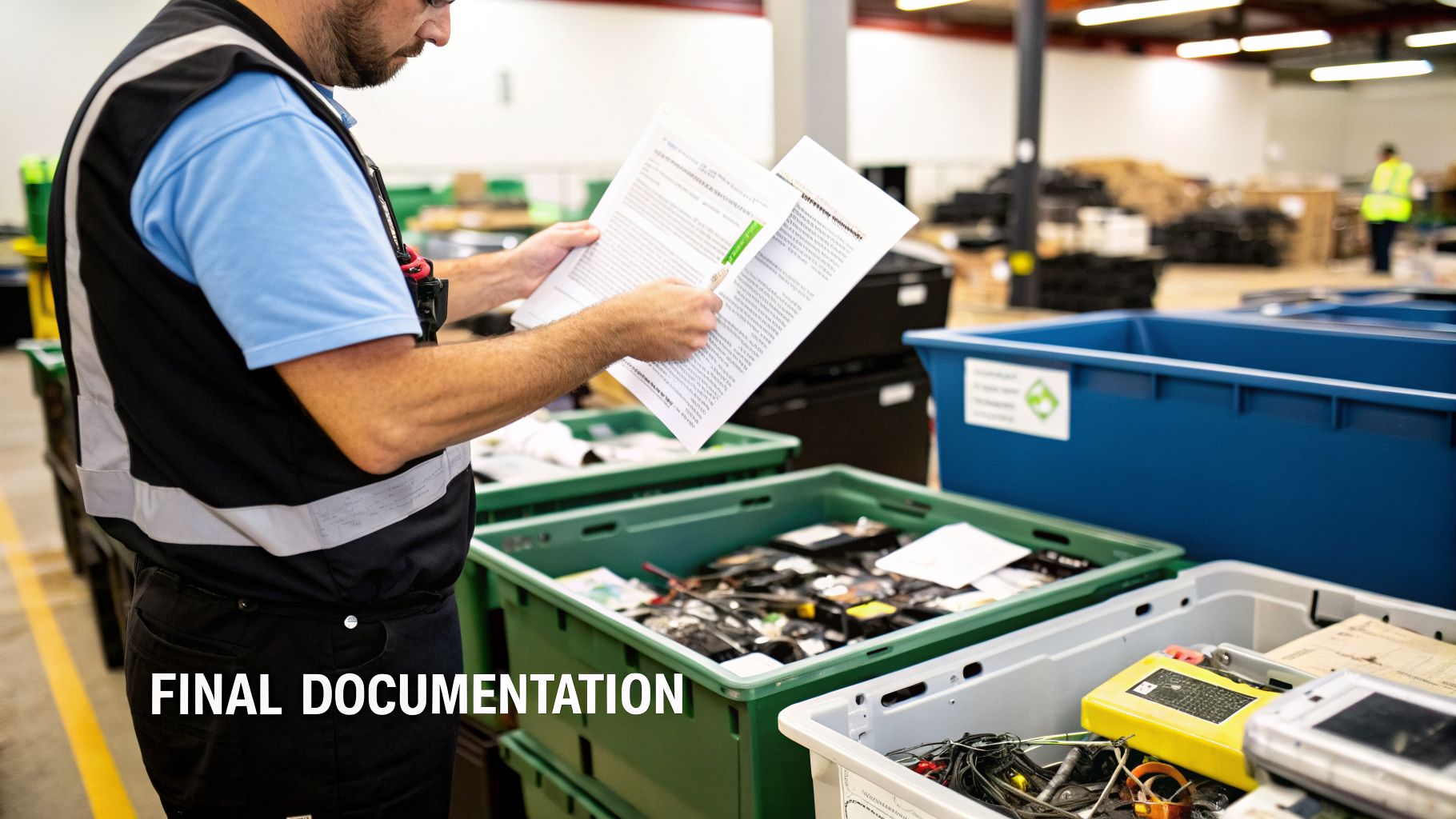 Man in a safety vest reviews final documentation in a factory setting with recycling bins.