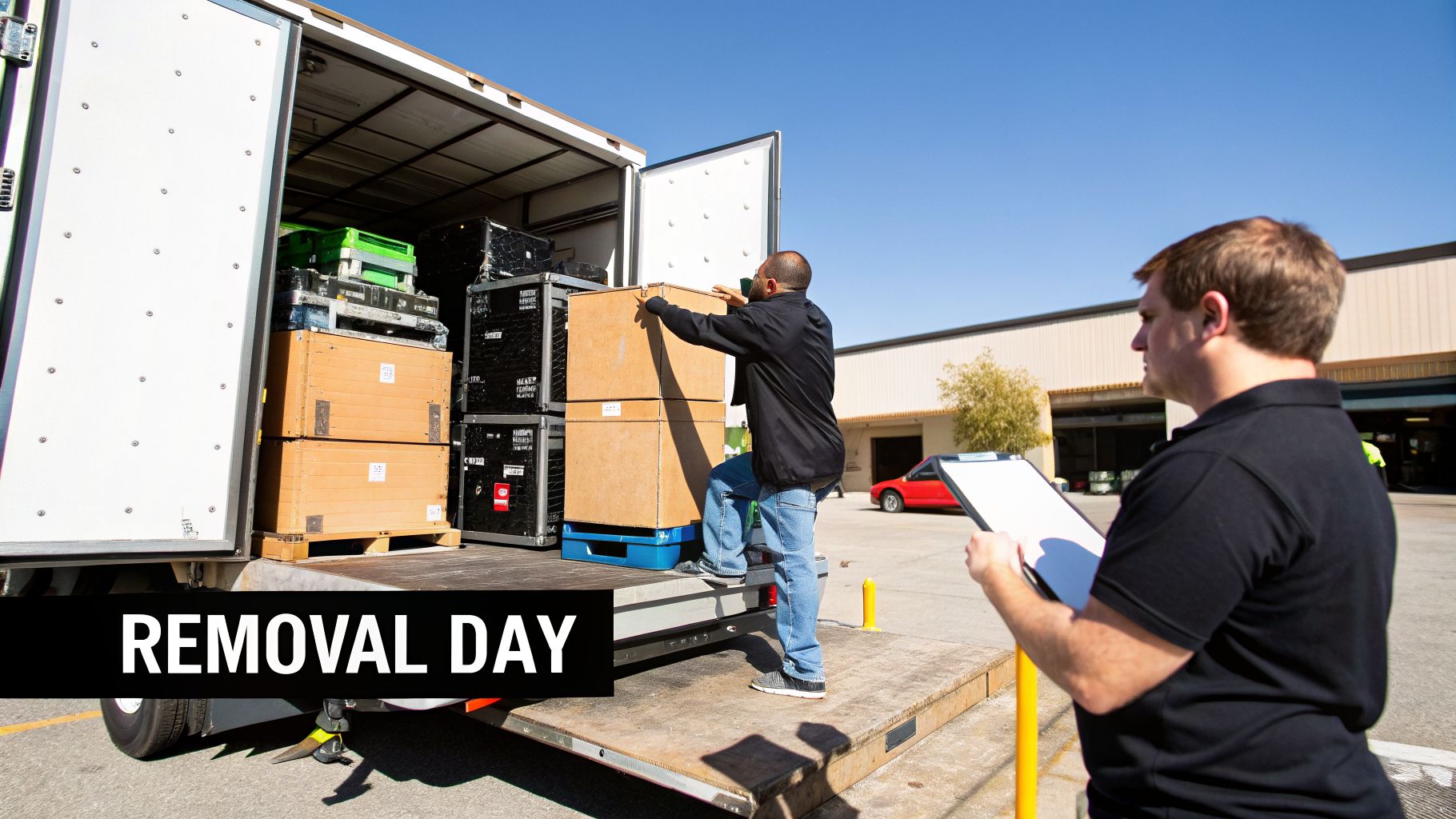 Two men managing a removal day, loading boxes and equipment onto a truck while one checks a clipboard.