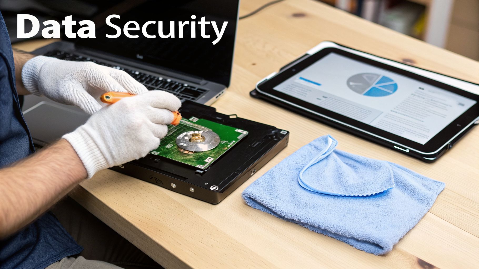 A person in white gloves disassembles a hard drive on a desk with a laptop and tablet, highlighting data security.