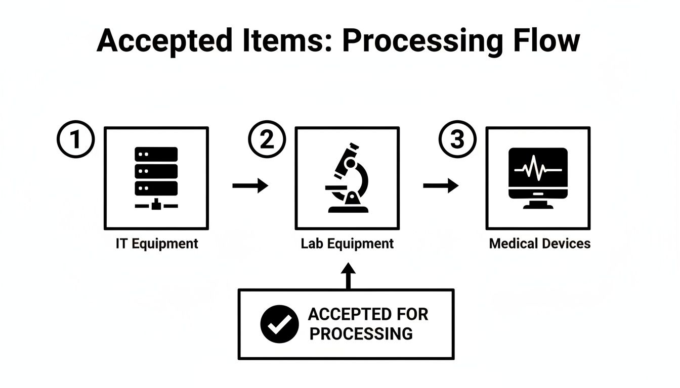 Flowchart detailing the processing flow for accepted items: IT equipment, lab equipment, and medical devices.