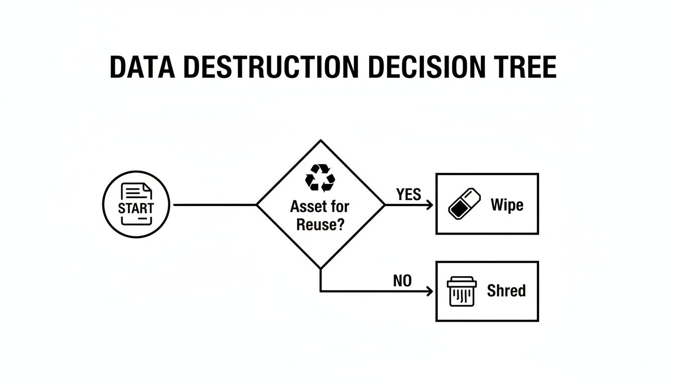 A data destruction decision tree flowchart showing options for asset reuse: wipe or shred.