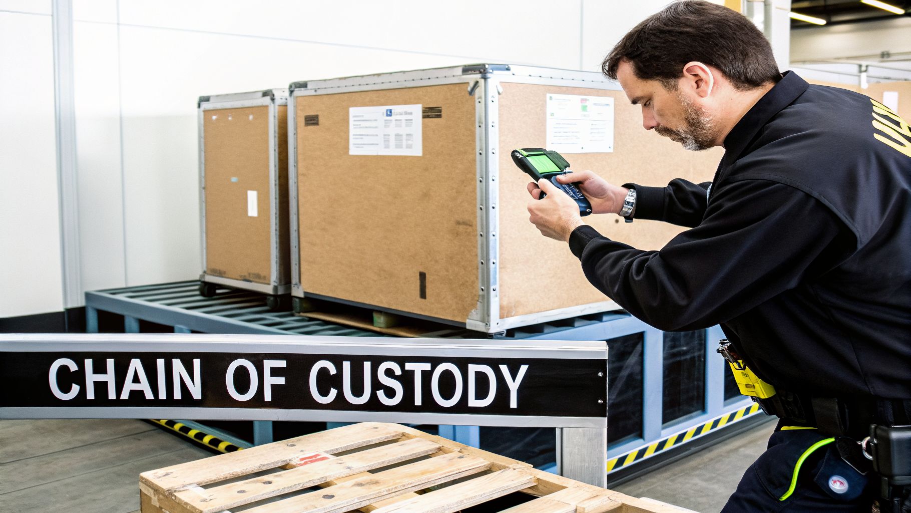 A man in uniform scans large wooden crates at a 'chain of custody' station.