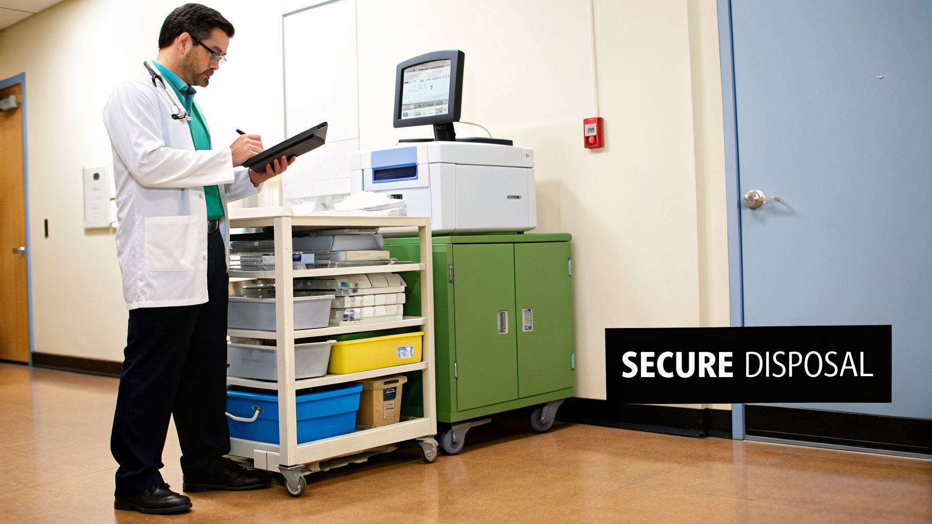A healthcare professional reviews information on a tablet next to medical equipment and carts in a hospital.