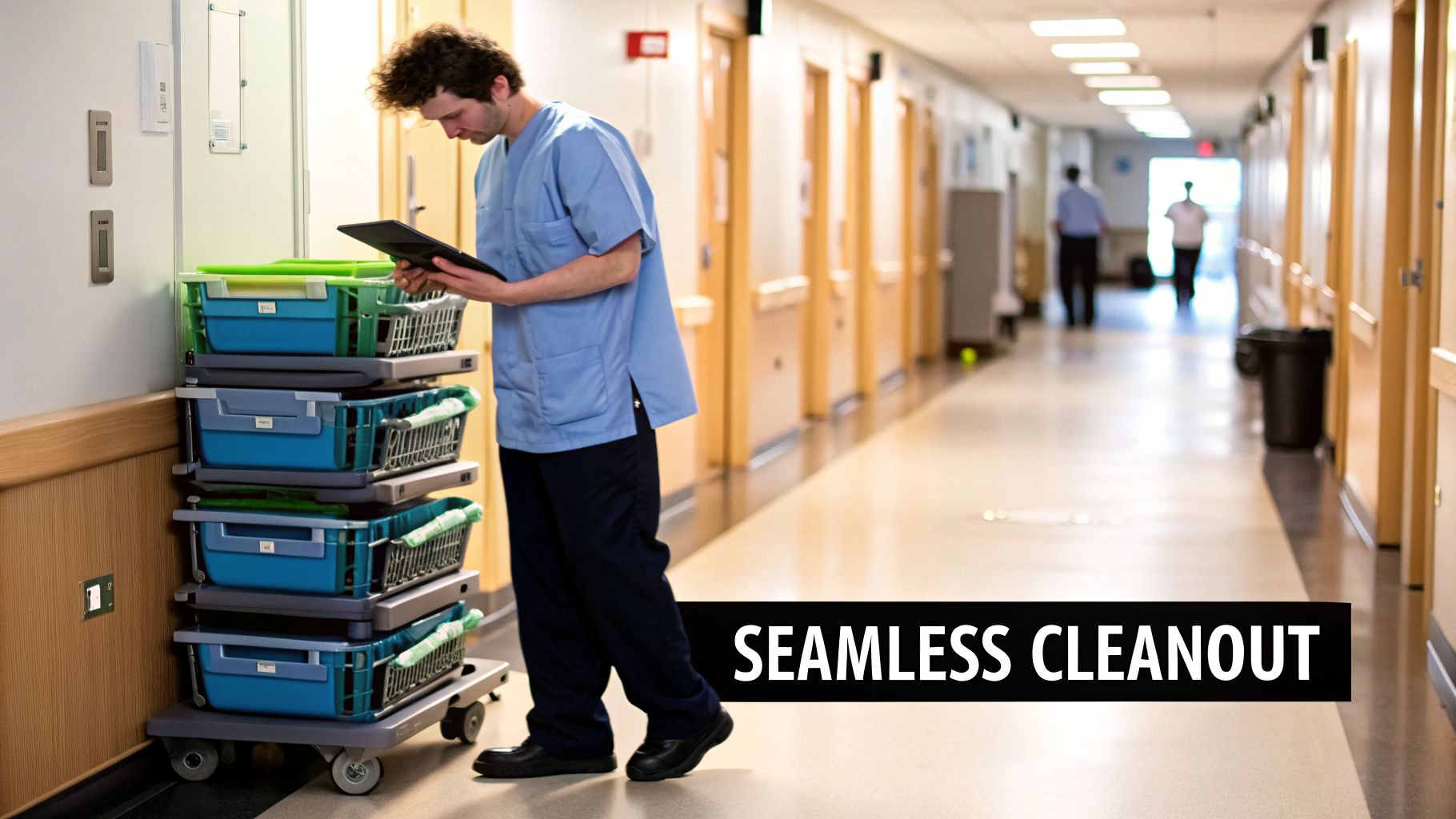 A healthcare worker reviews a tablet next to a hospital cleaning cart in a bright corridor.