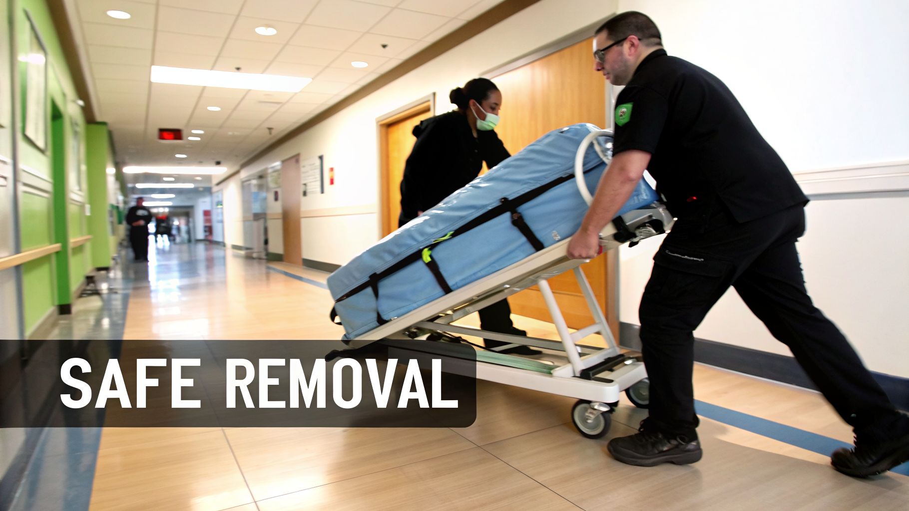 Two medical professionals push a covered stretcher through a bright hospital hallway with green walls.