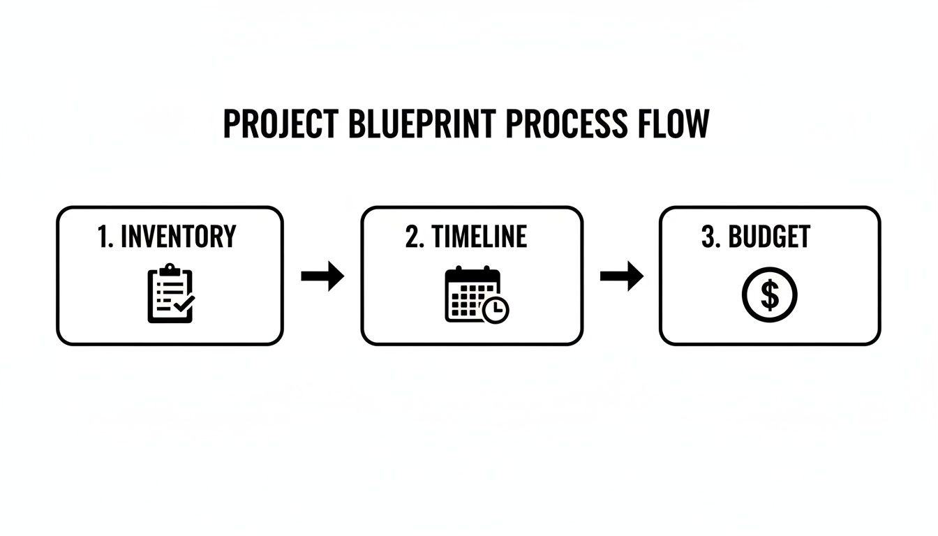 A project blueprint process flow diagram outlining steps for inventory, timeline, and budget.