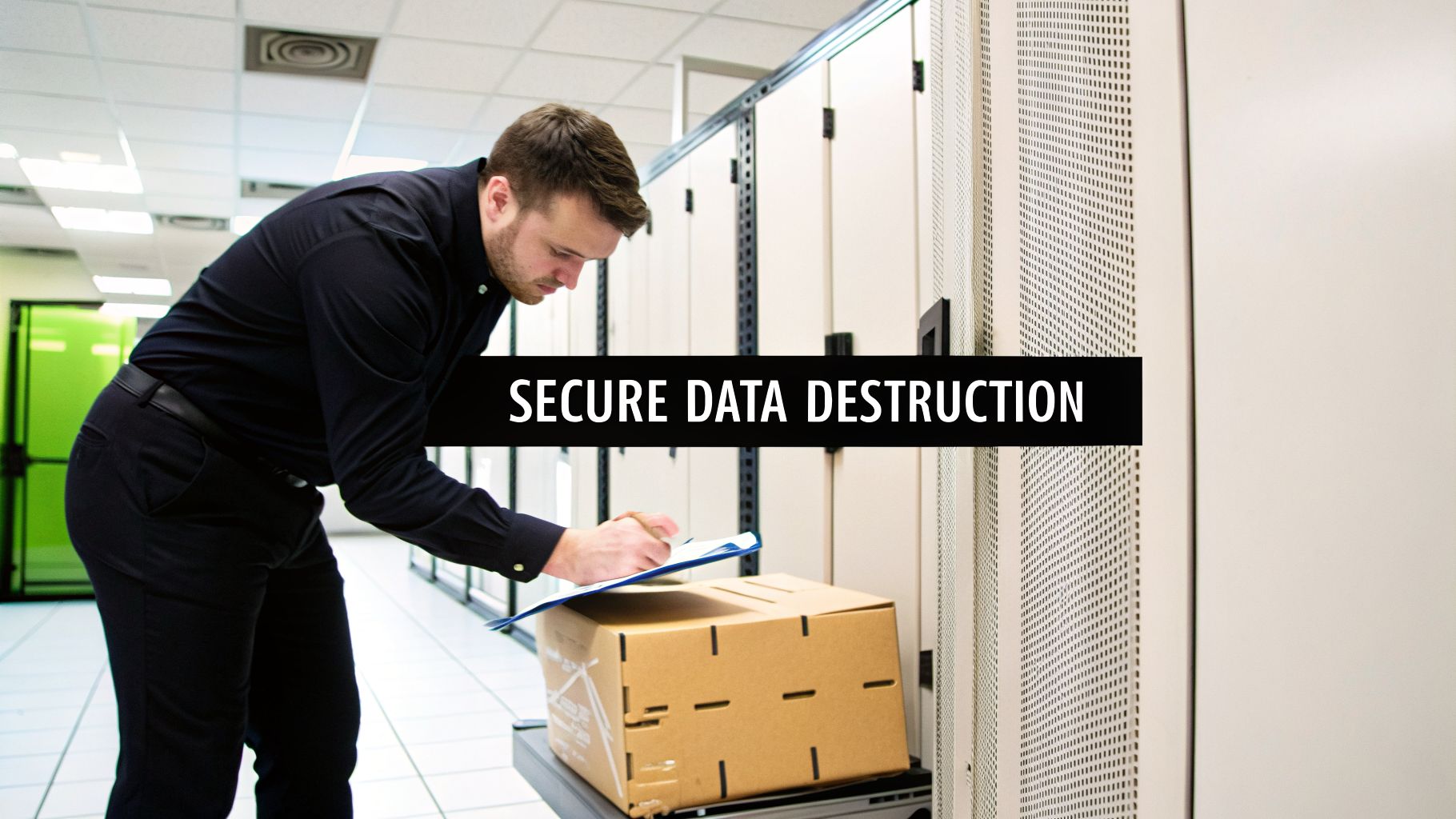 A man records details on a clipboard for a cardboard box in a secure data center.