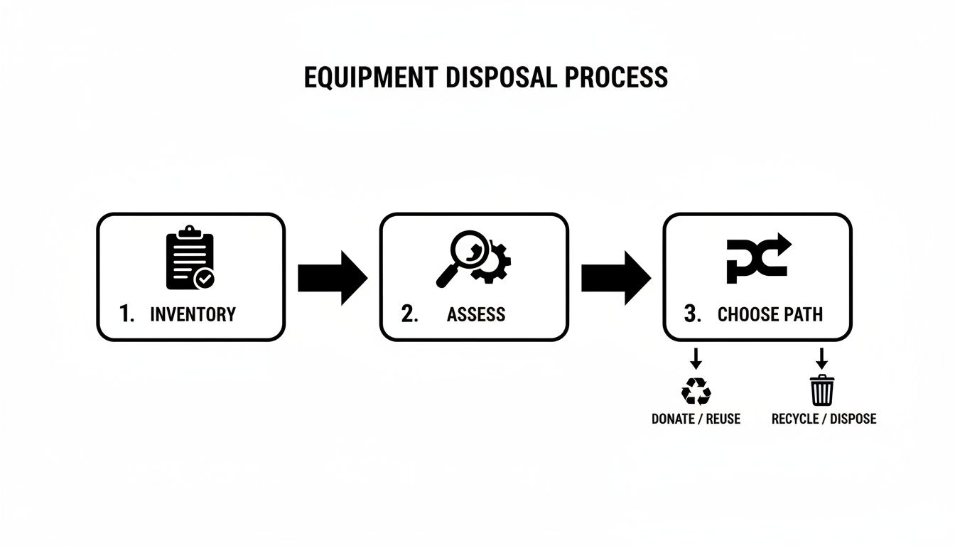 Flowchart illustrating the 3-step equipment disposal process: inventory, assess, then choose path.