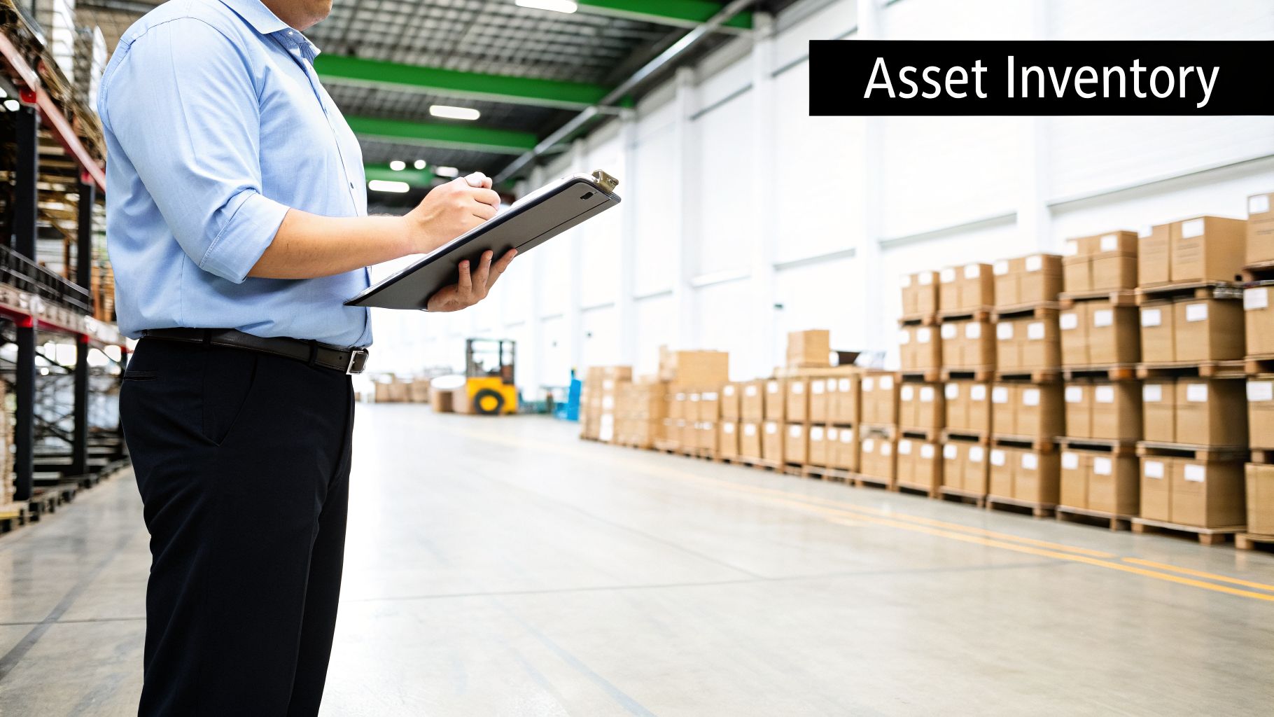 A person in a warehouse holds a clipboard, taking inventory among stacks of cardboard boxes and a forklift.