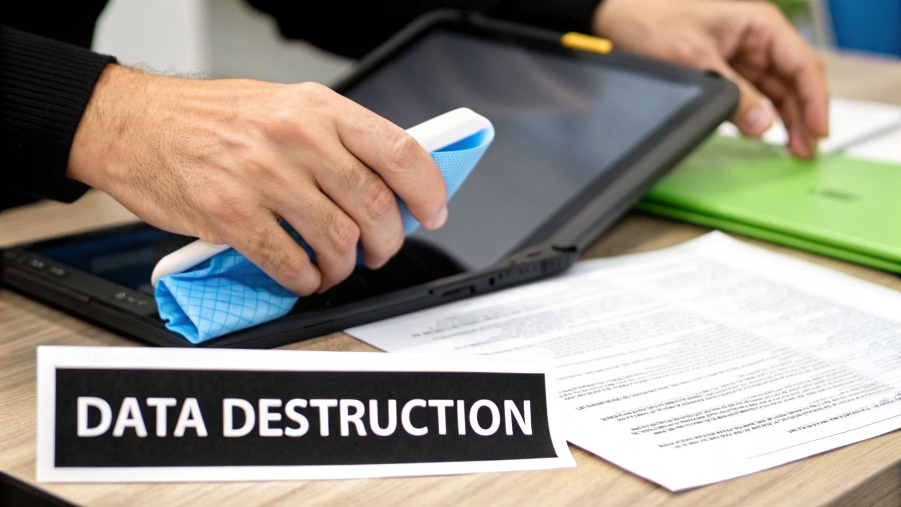 A hand cleans a black tablet with a blue cloth, next to a 'DATA DESTRUCTION' sign.