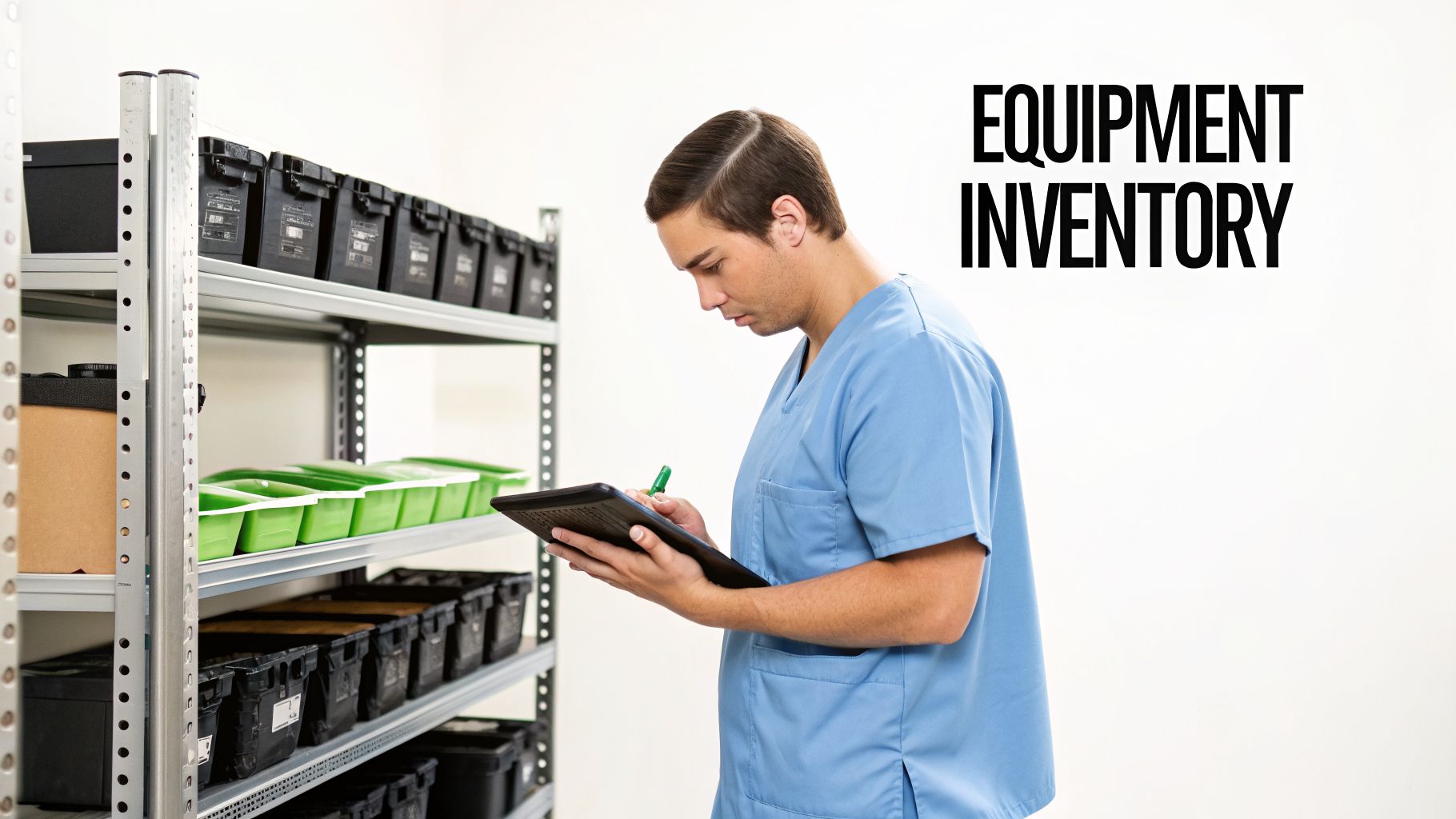 A medical professional in blue scrubs takes equipment inventory from shelves with various bins.