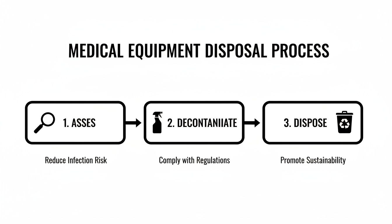 Flowchart details medical equipment disposal steps: assess, decontaminate, and dispose, emphasizing safety, compliance, and sustainability.